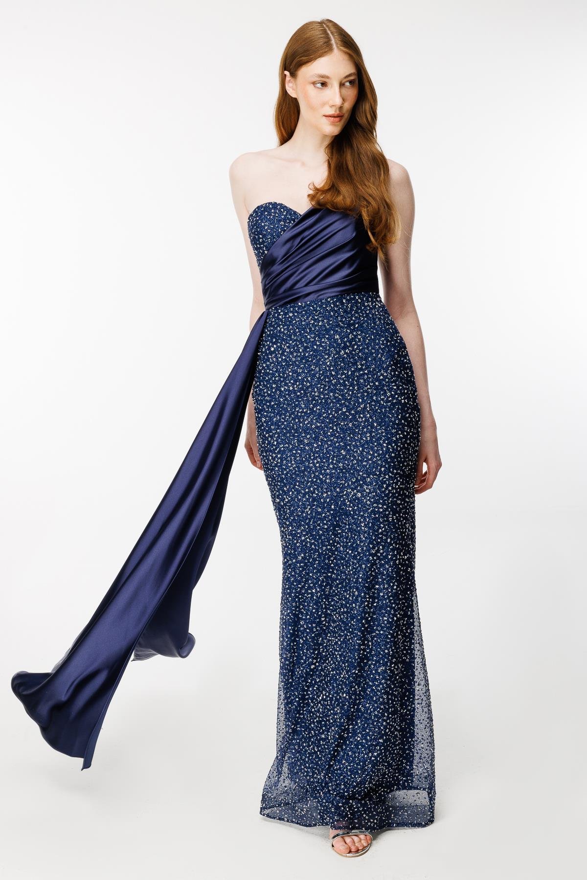 Taş İşlemeli Tek Omuz Uzun Abiye - LACI