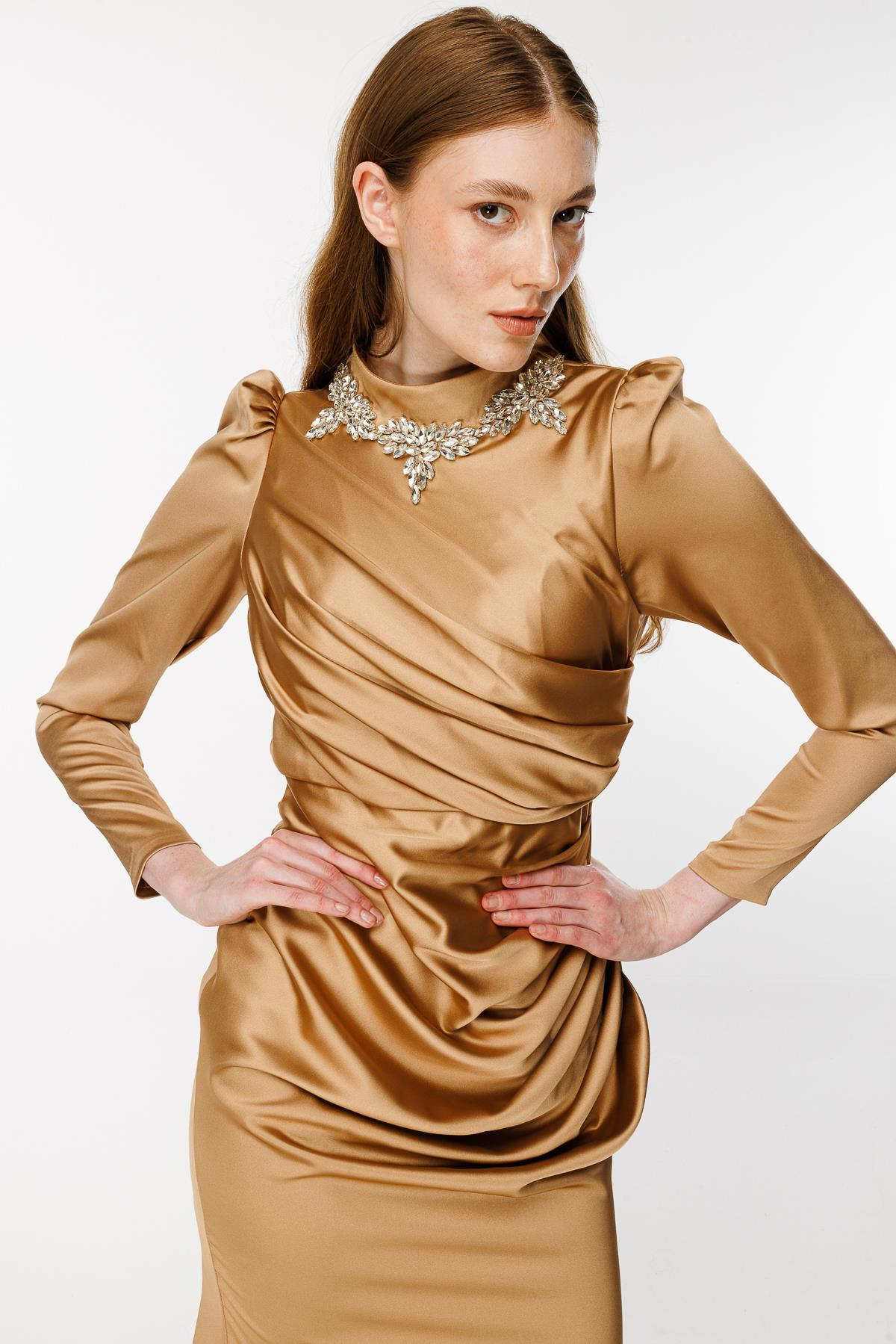 Taş Ve Drape Detaylı Uzun Abiye - BRONZ