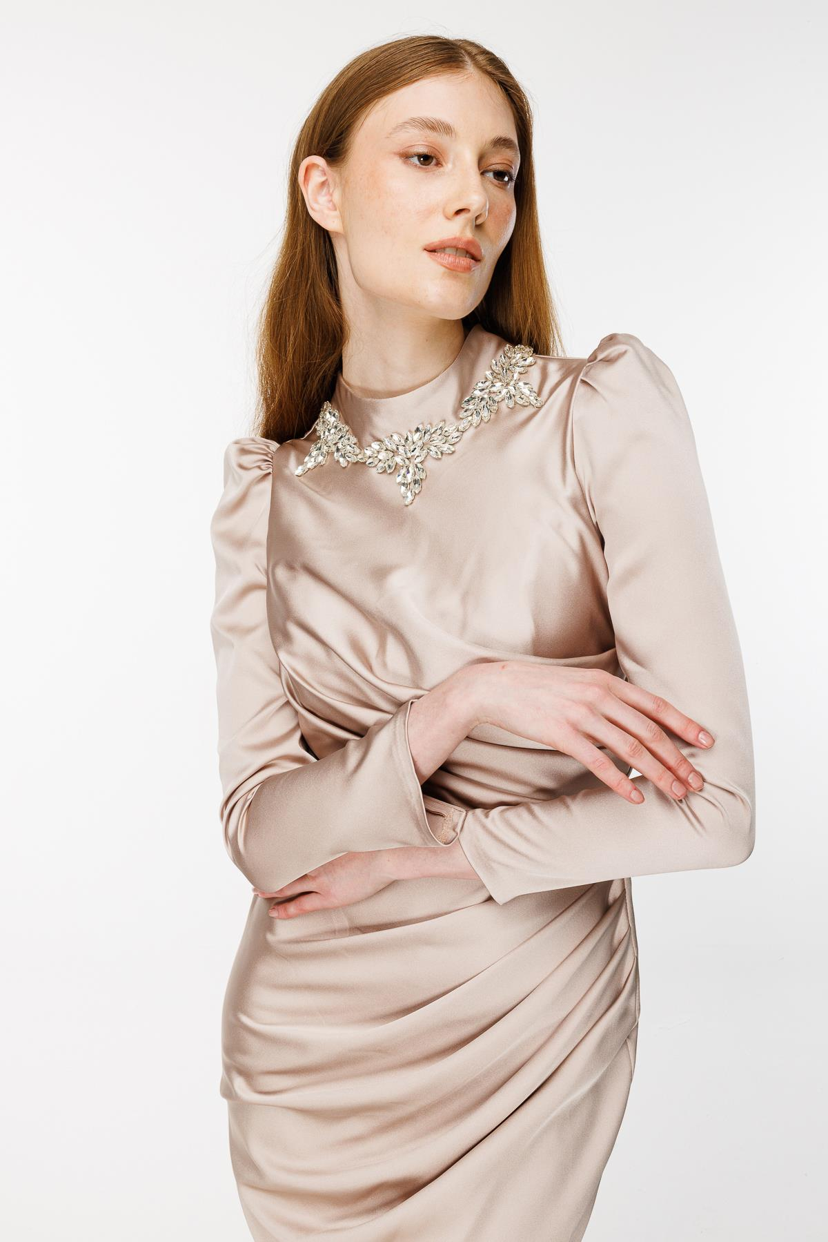 Taş Ve Drape Detaylı Uzun Abiye - TAŞ