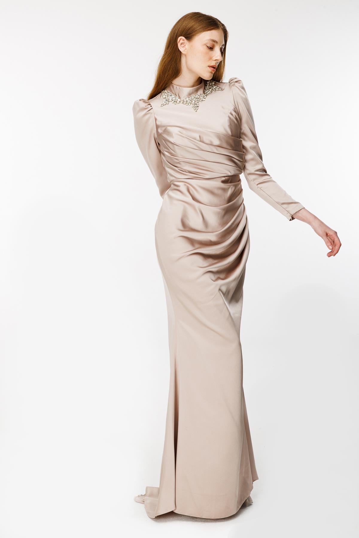 Taş Ve Drape Detaylı Uzun Abiye - TAŞ