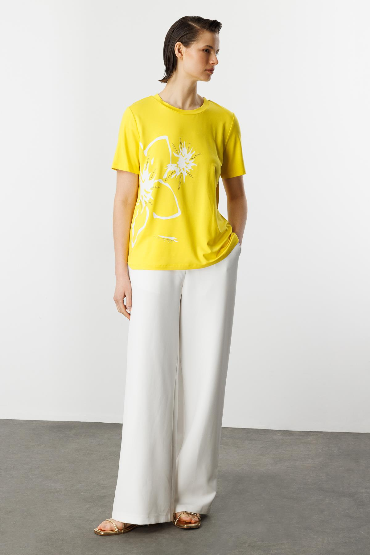 Taşlı Çiçek Desen Pamuklu Bluz-SARI