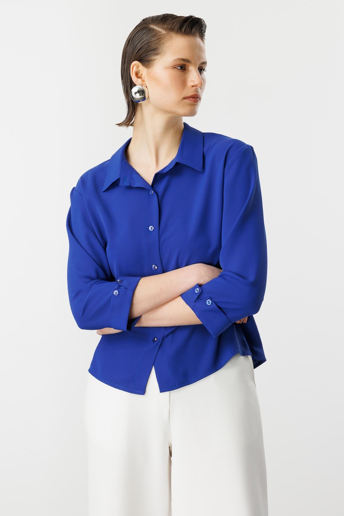 Taşlı Düğme Detaylı Gömlek-SAX