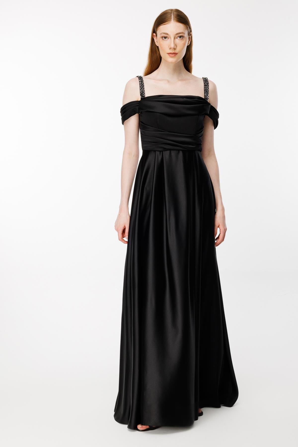 Taşlı İp Askılı Saten Uzun Abiye - SİYAH