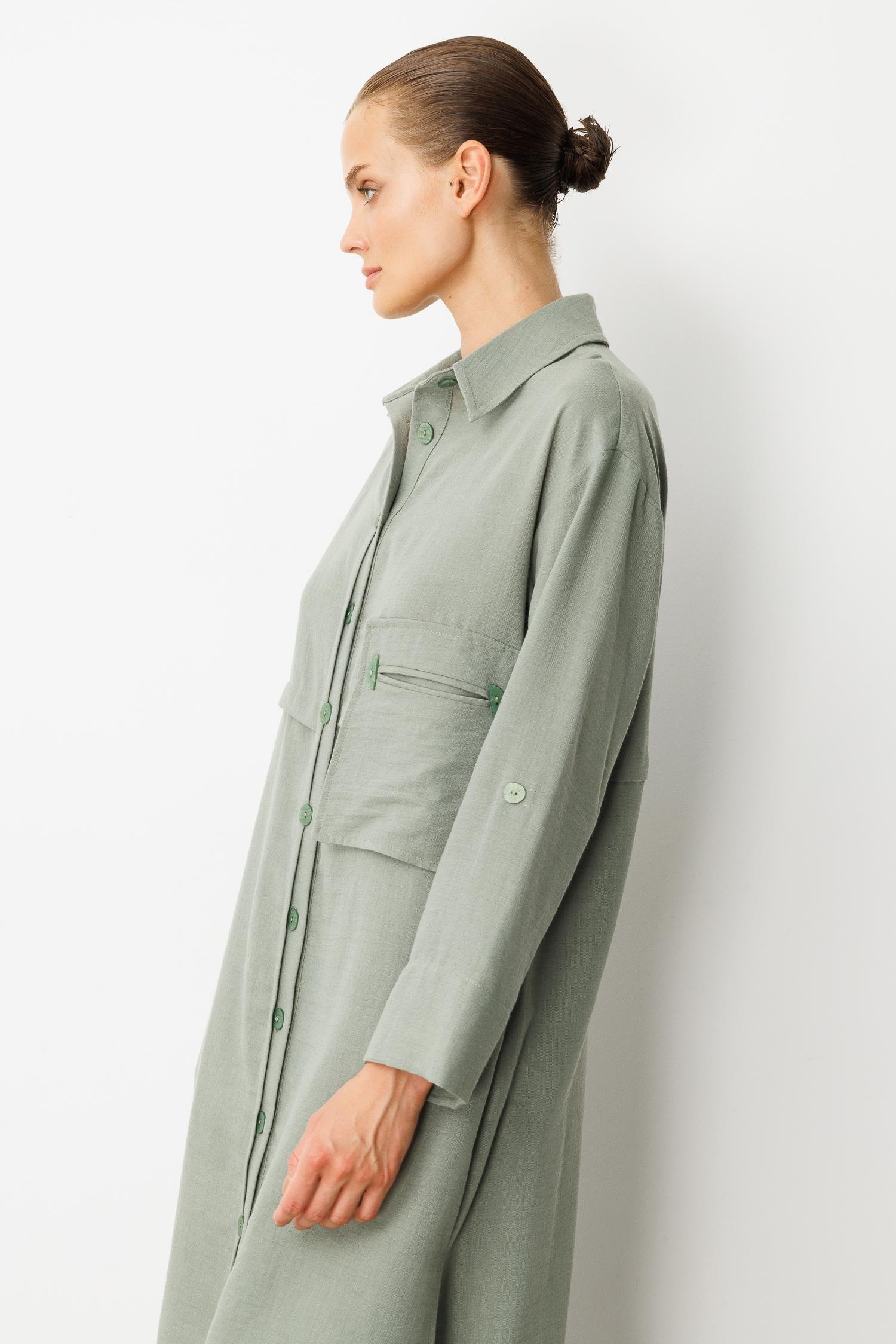 Tek Cep Keten Görünümlü Uzun Tunik-ÇAĞLA