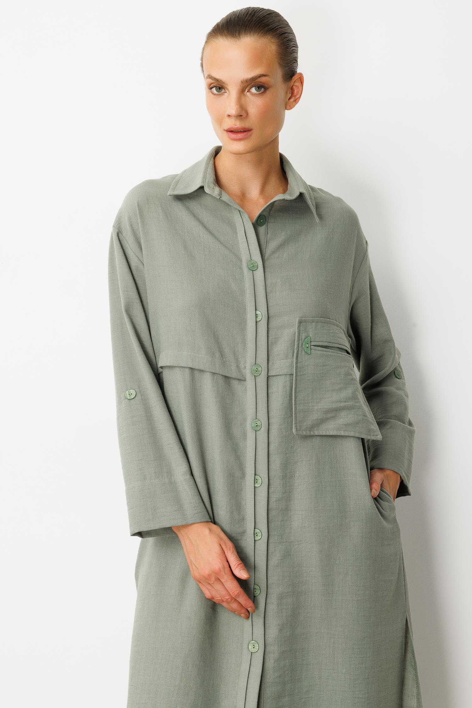 Tek Cep Keten Görünümlü Uzun Tunik-ÇAĞLA