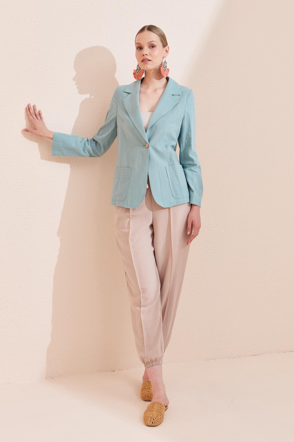 Tek Düğme ve Cep Detaylı Keten Ceket - MINT