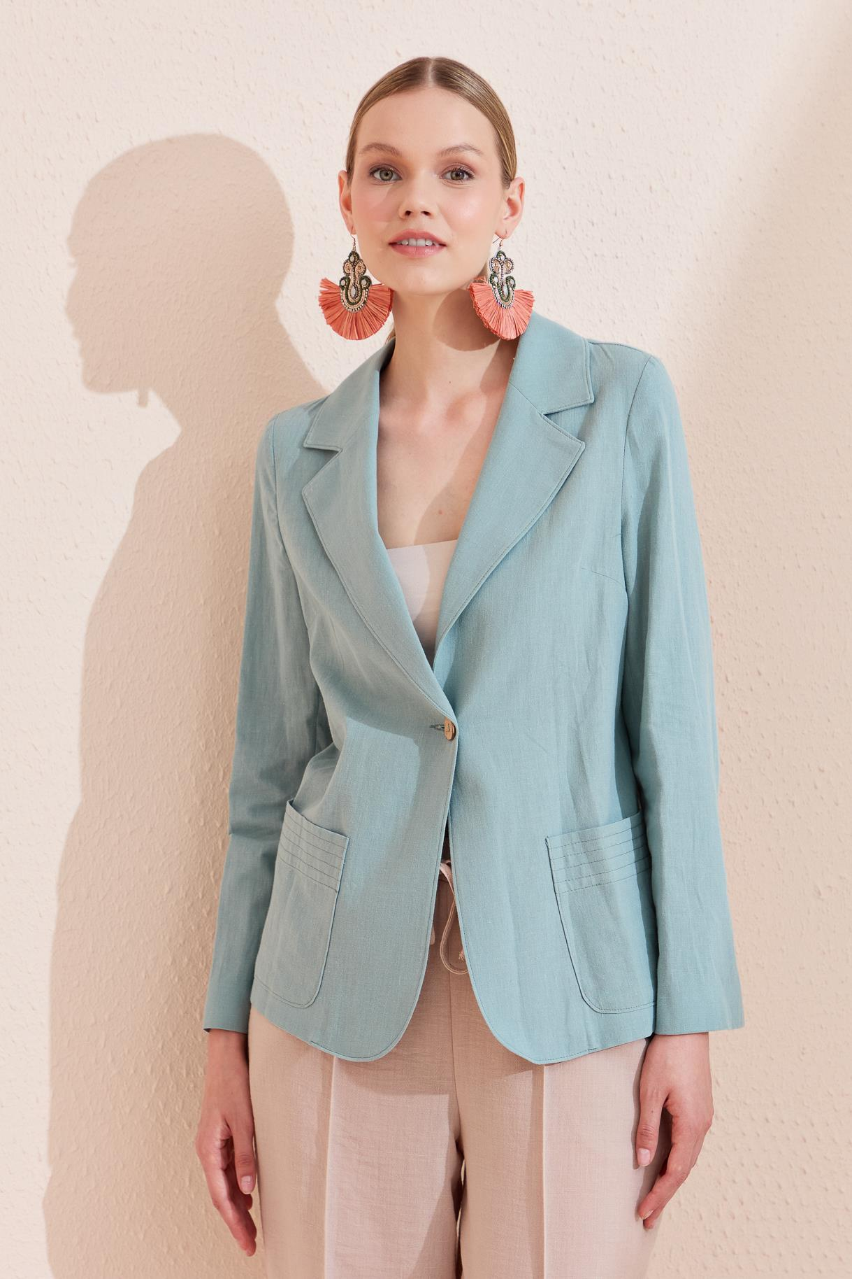 Tek Düğme ve Cep Detaylı Keten Ceket - MINT