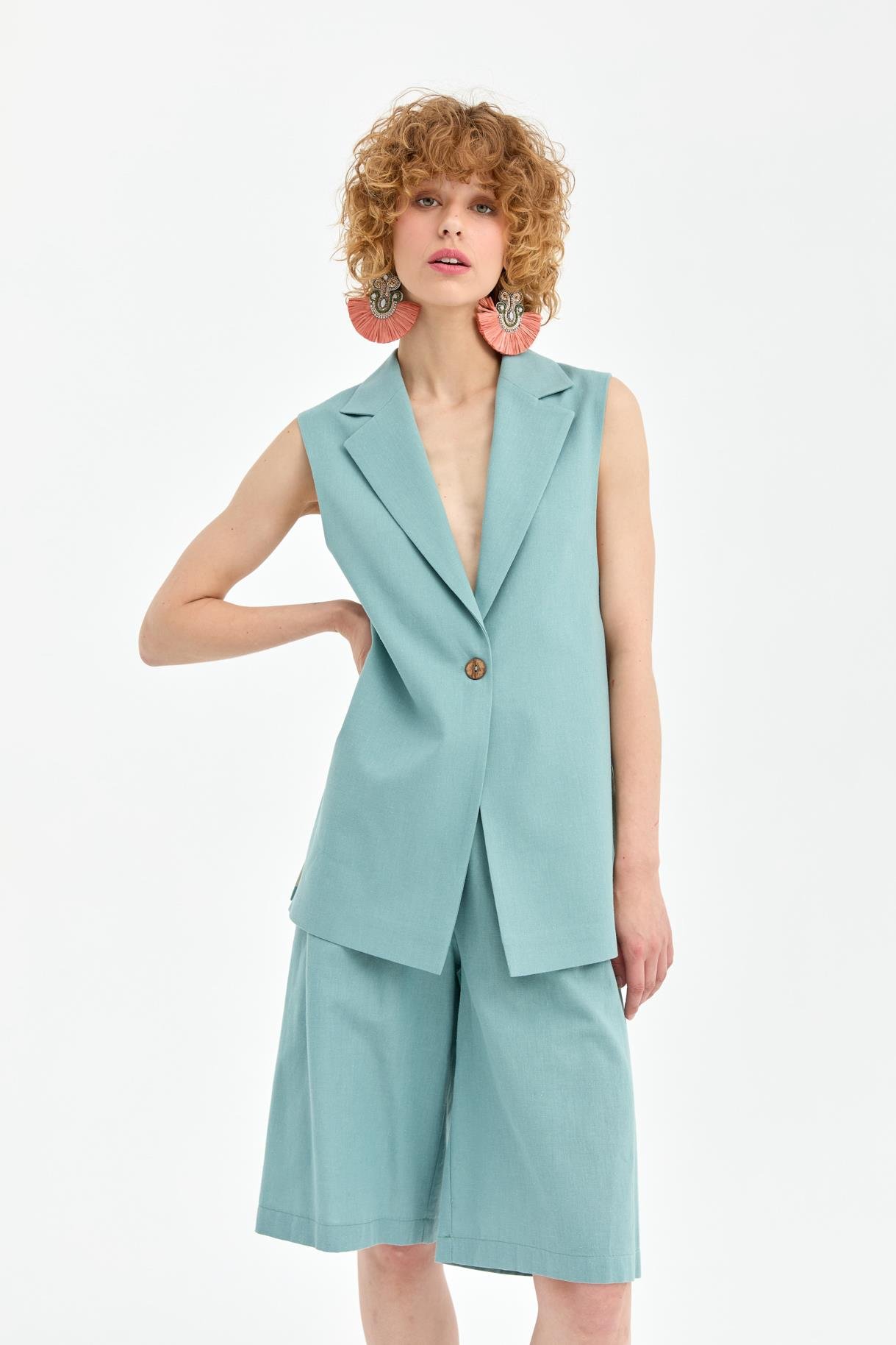 Tek Düğmeli ve Bel Bağlamalı Keten Yelek - MINT