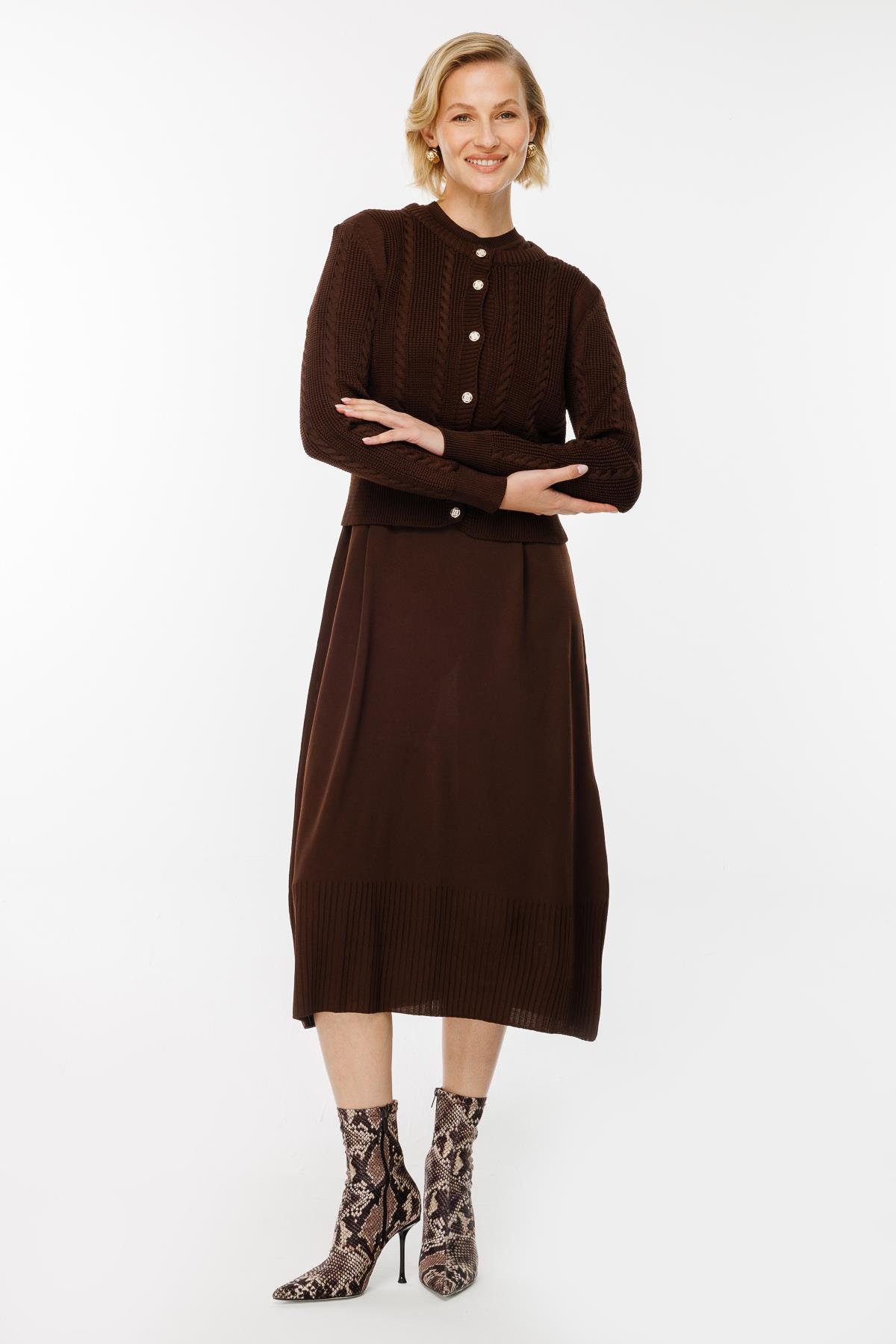 Triko Elbise ve Hırka İkili Takım - KAHVE