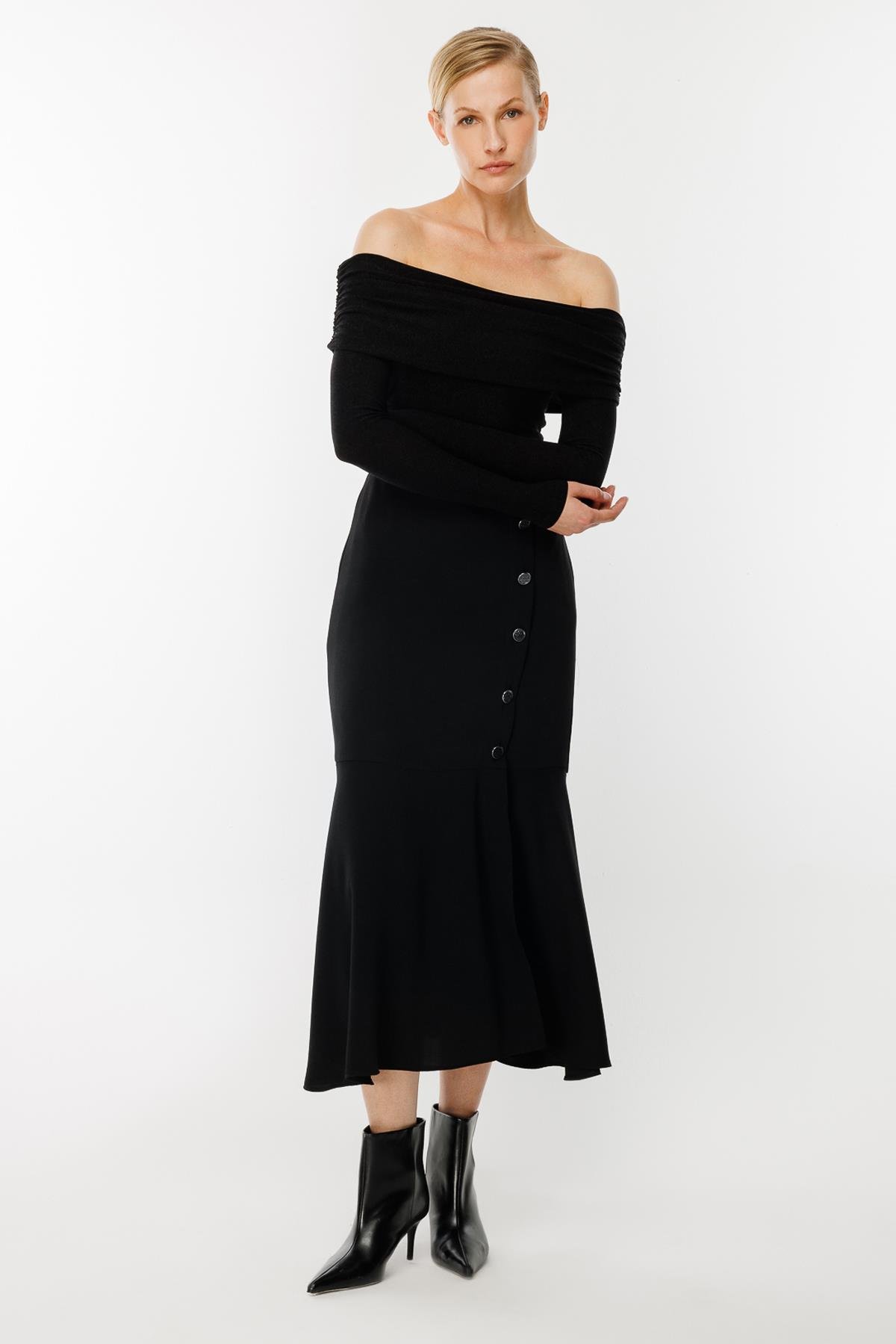 Uçları Volanlı Düğme Detaylı Etek - SİYAH