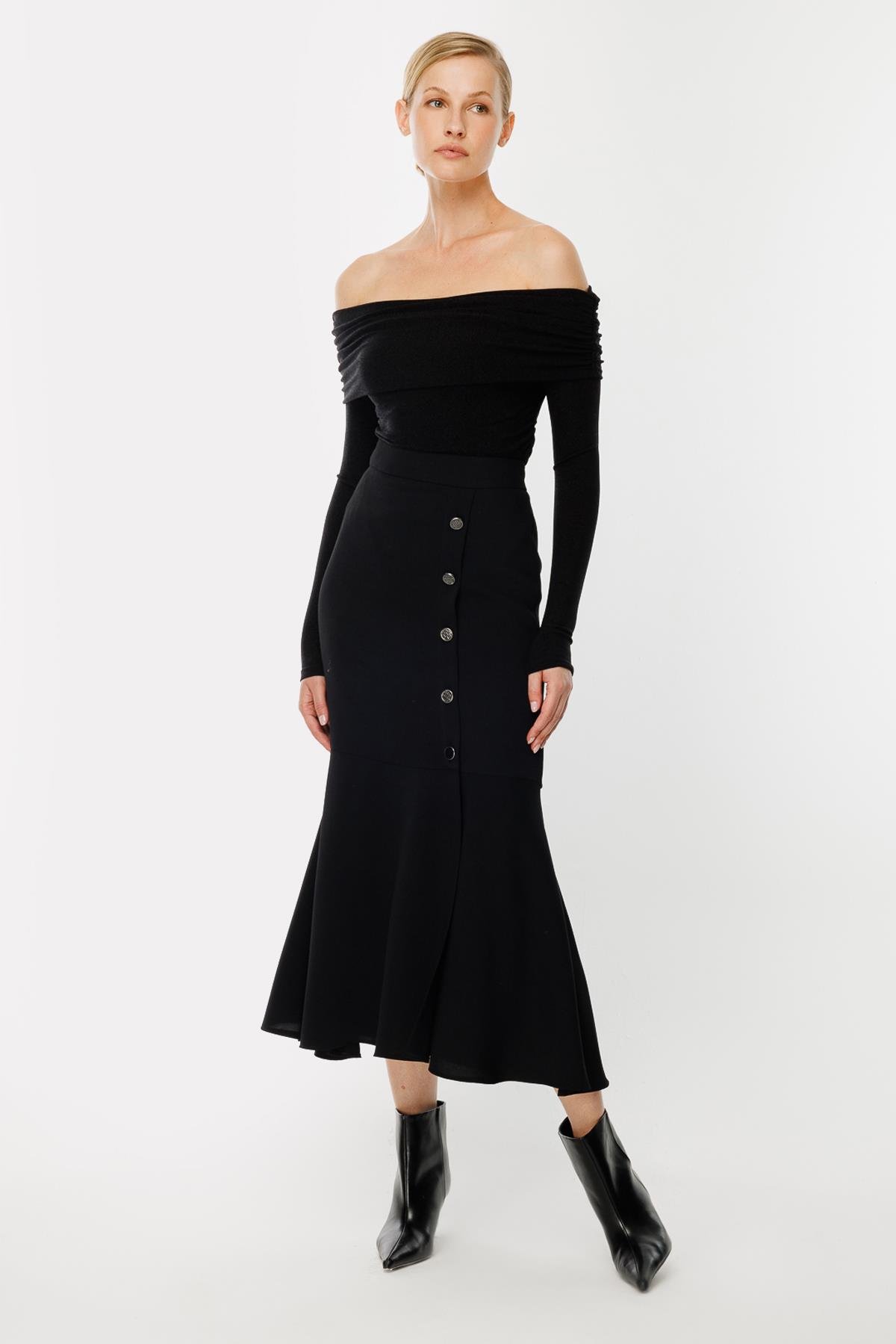 Uçları Volanlı Düğme Detaylı Etek - SİYAH