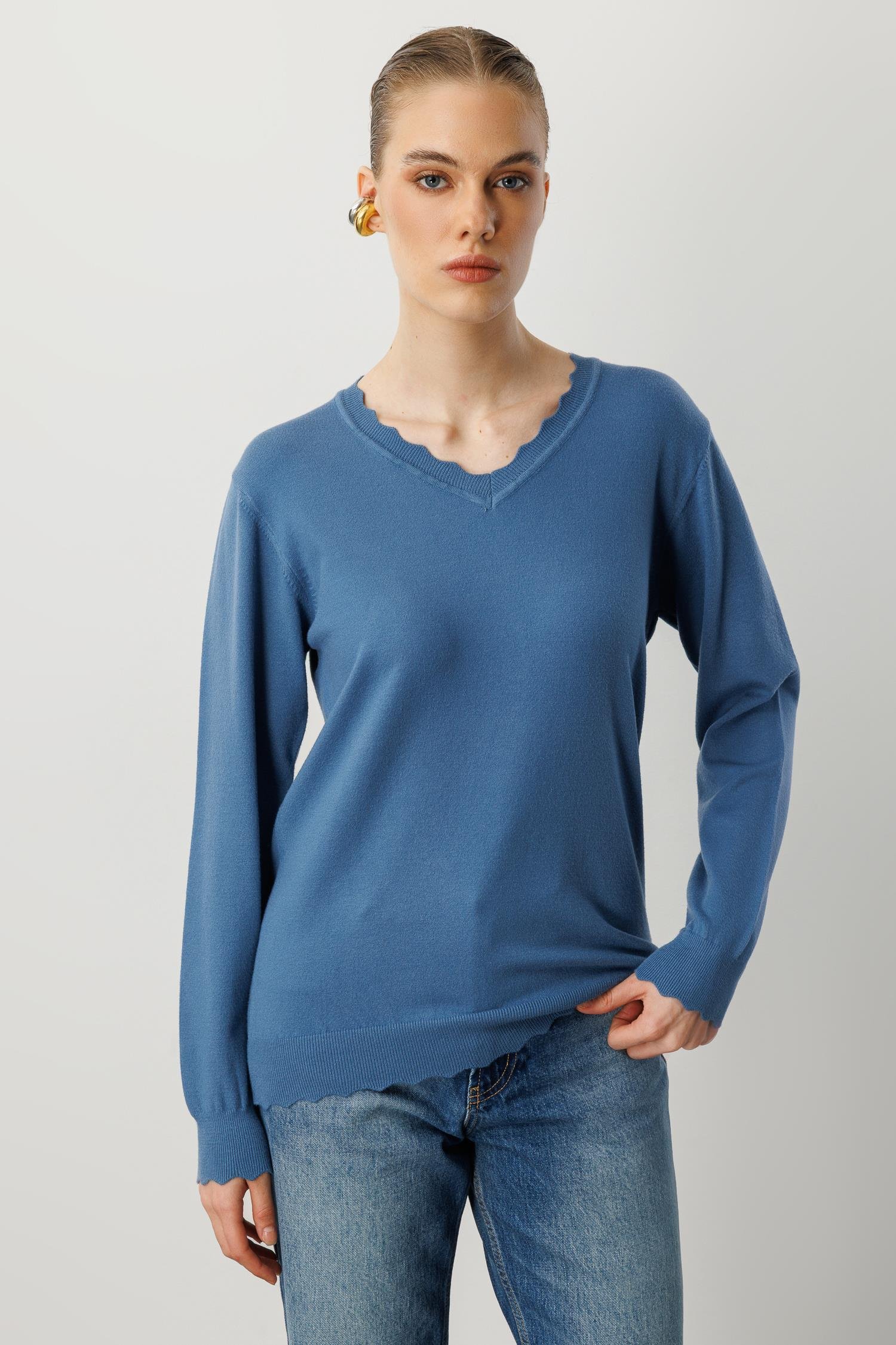 V yaka Angora Triko Kazak-İNDİGO