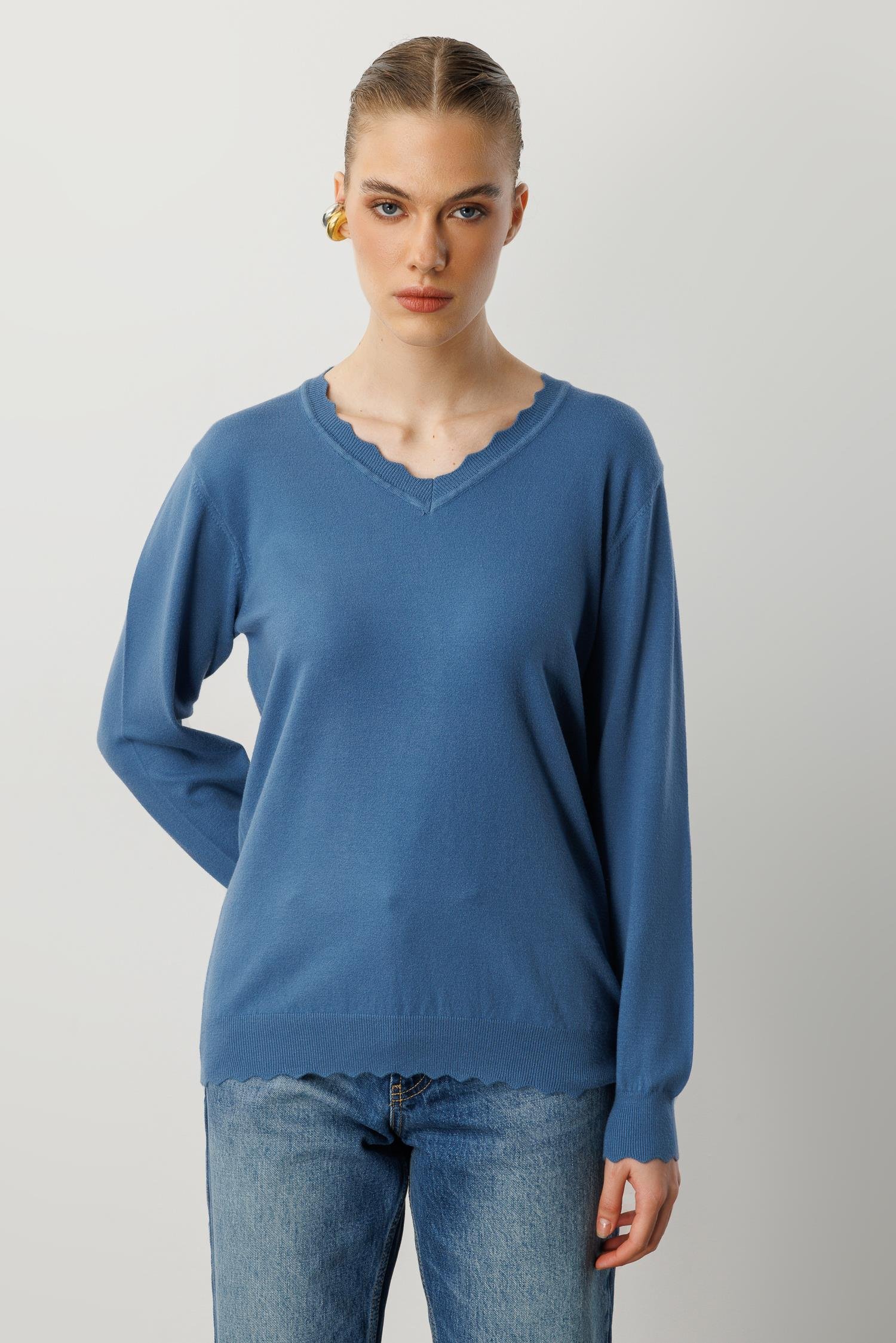 V yaka Angora Triko Kazak-İNDİGO