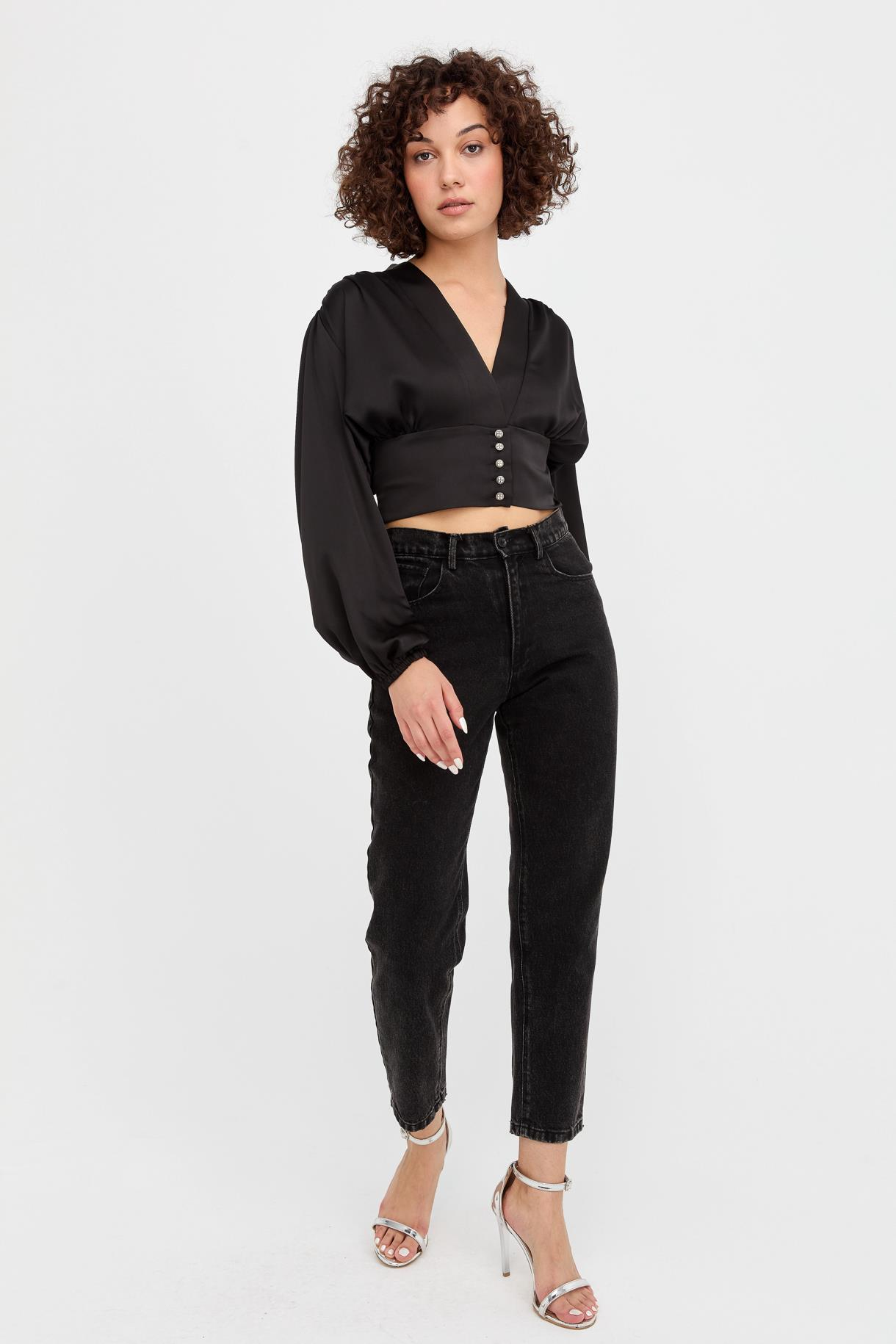 V Yaka Beli Korsajlı Saten Crop - SİYAH
