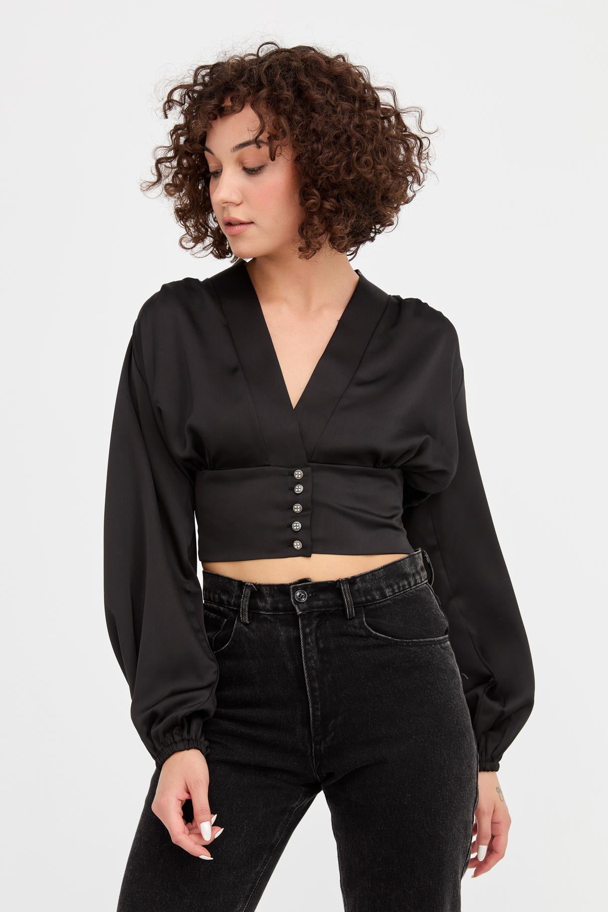 V Yaka Beli Korsajlı Saten Crop - SİYAH