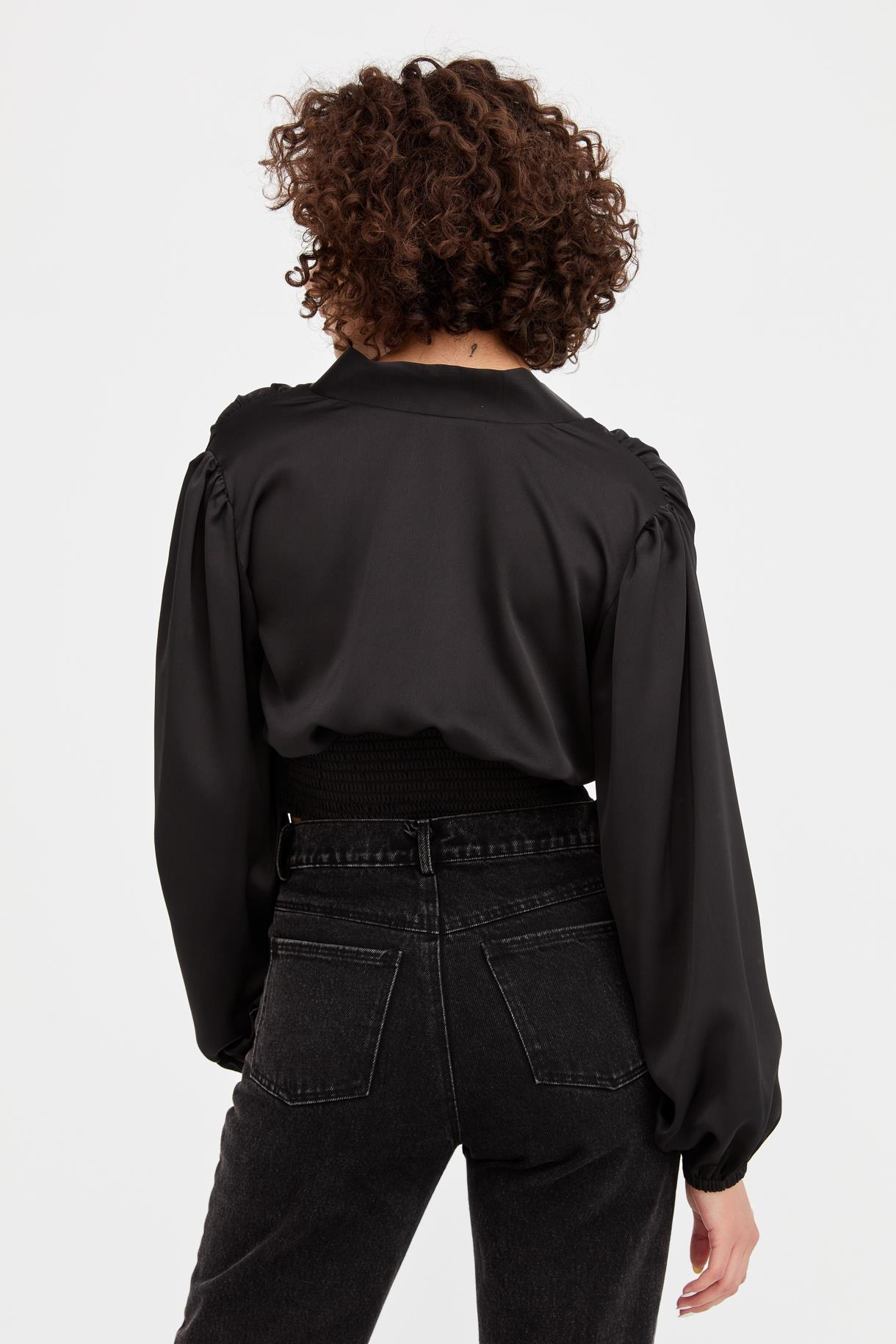 V Yaka Beli Korsajlı Saten Crop - SİYAH
