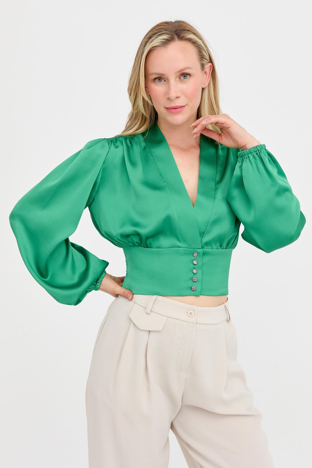 V Yaka Beli Korsajlı Saten Crop - YEŞİL