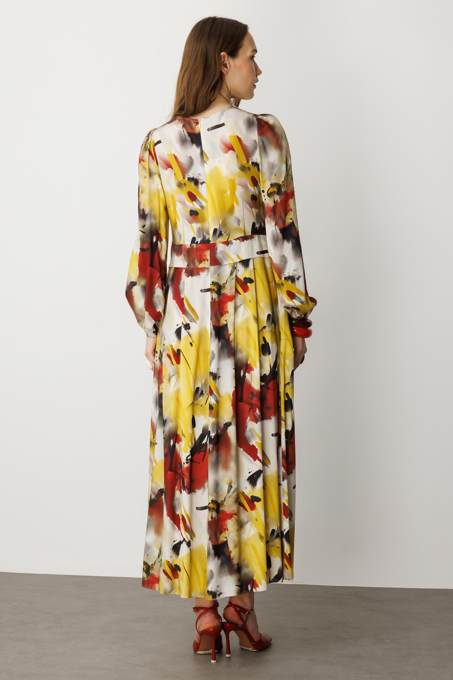 V Yaka Desenli Uzun Elbise-SARI