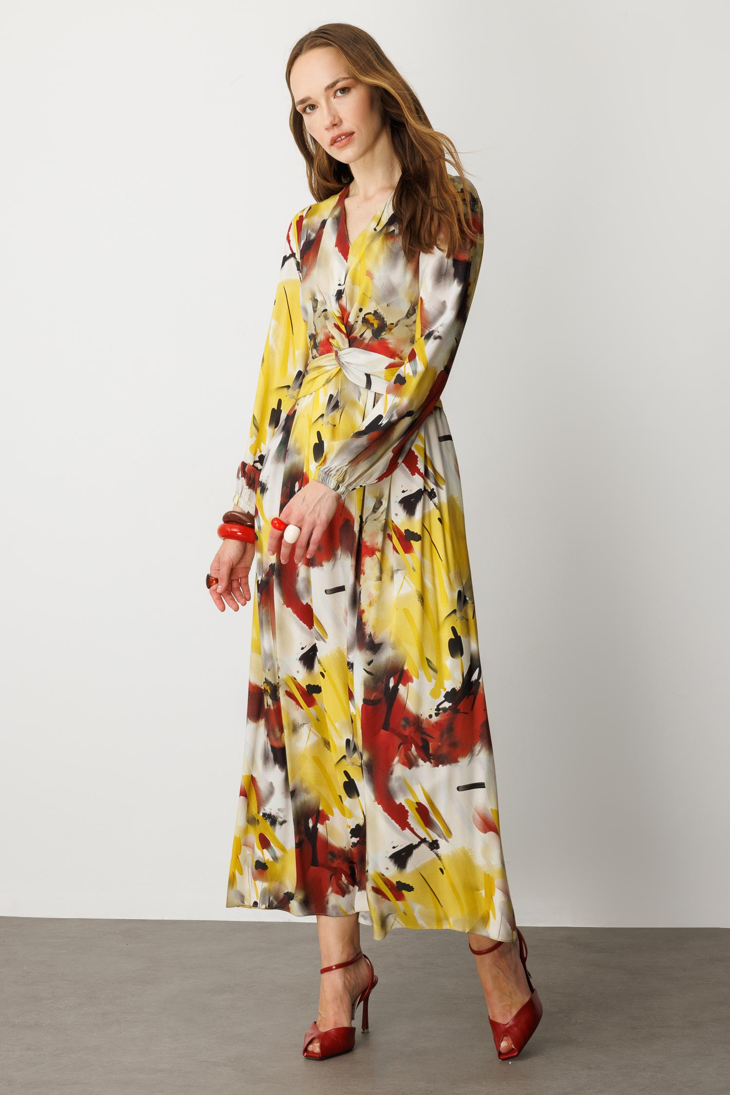 V Yaka Desenli Uzun Elbise-SARI