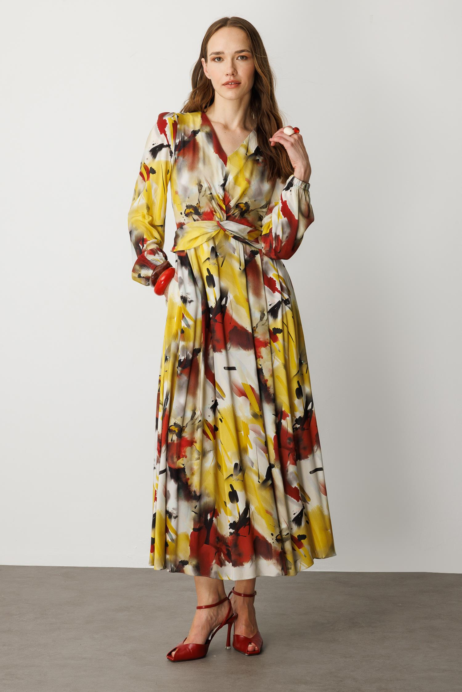 V Yaka Desenli Uzun Elbise-SARI