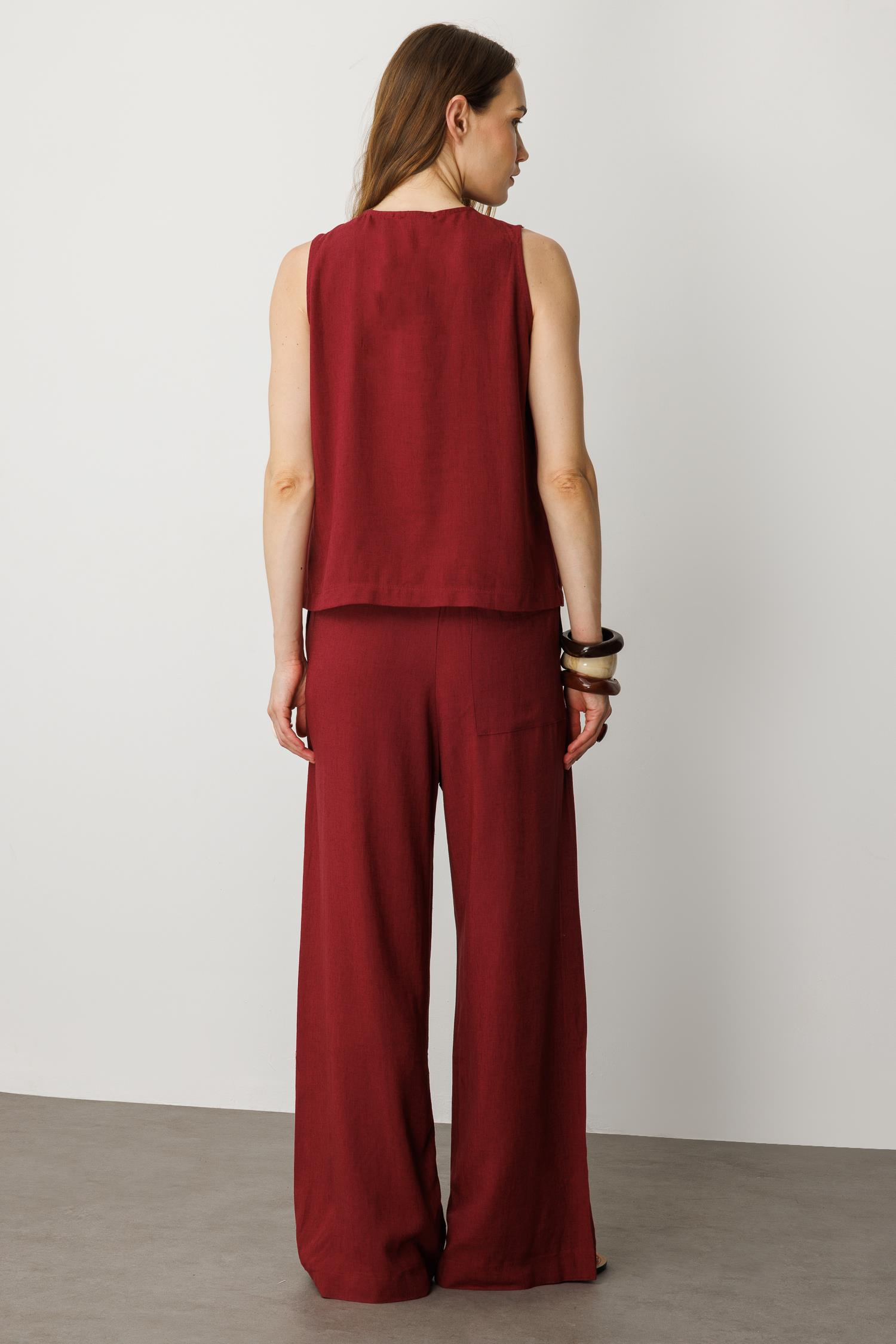 V Yaka Pamuklu Keten Bluz-BORDO