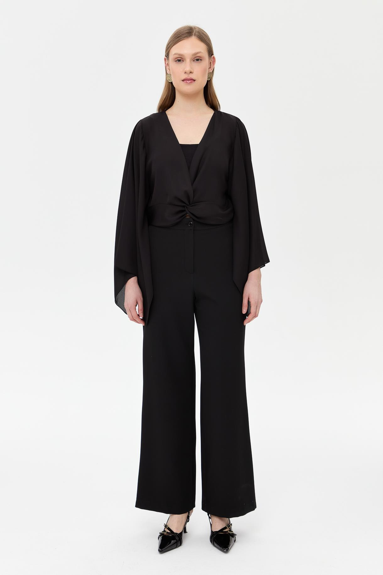 V Yaka Yarasa Kol Bluz - SİYAH