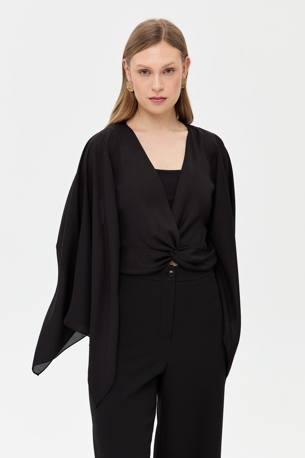 V Yaka Yarasa Kol Bluz - SİYAH