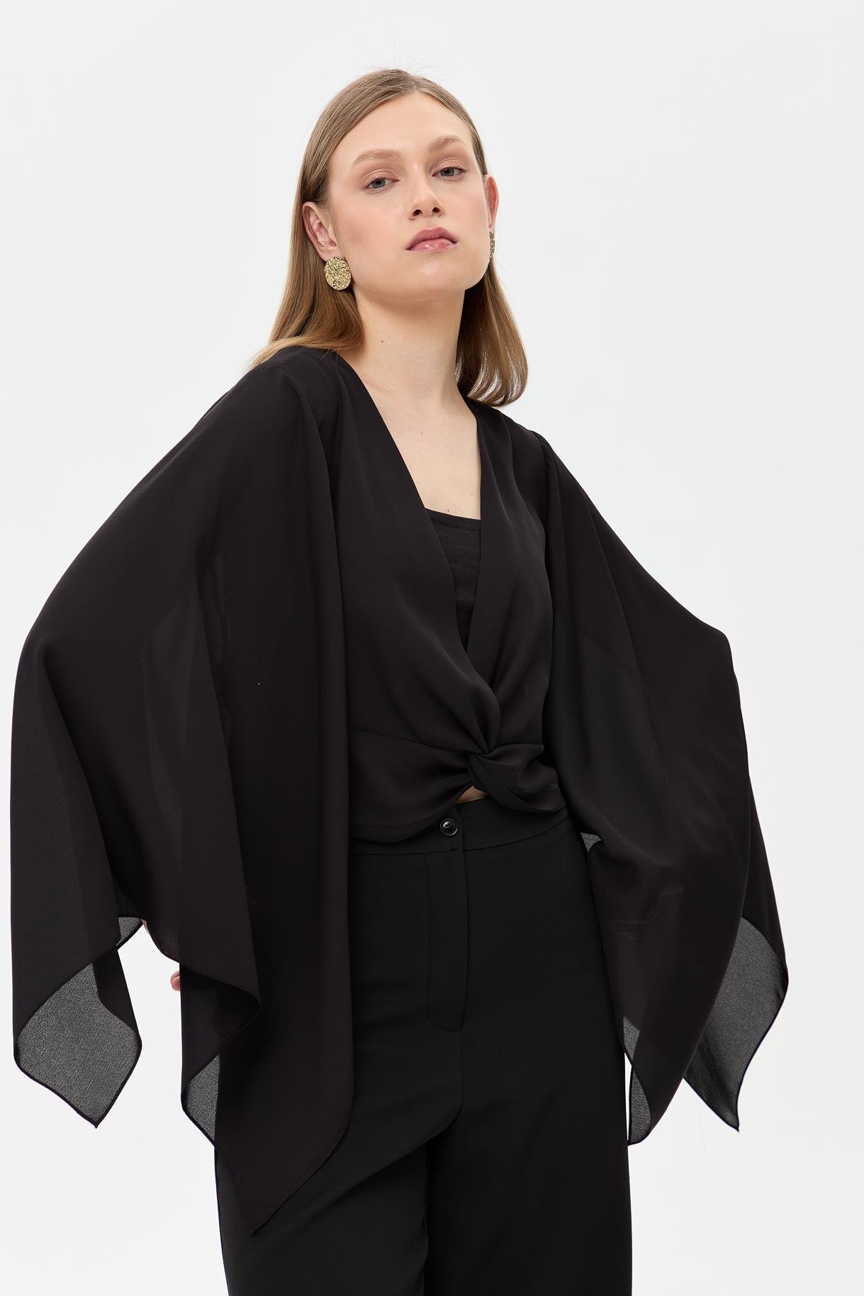 V Yaka Yarasa Kol Bluz - SİYAH