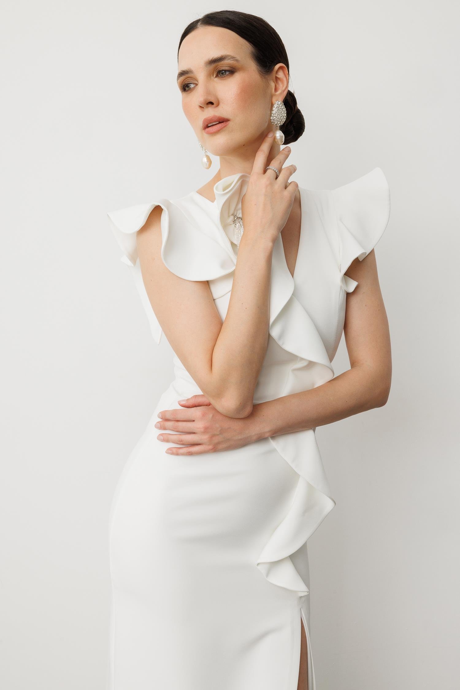 Volanlı Yırtmaçlı Abiye Elbise-BEYAZ