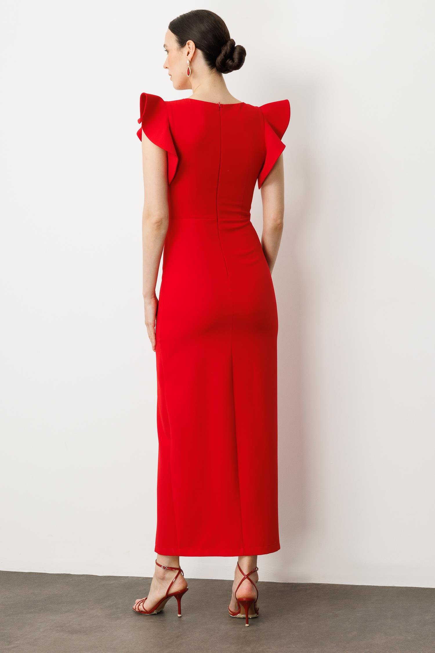 Volanlı Yırtmaçlı Abiye Elbise-KIRMIZI