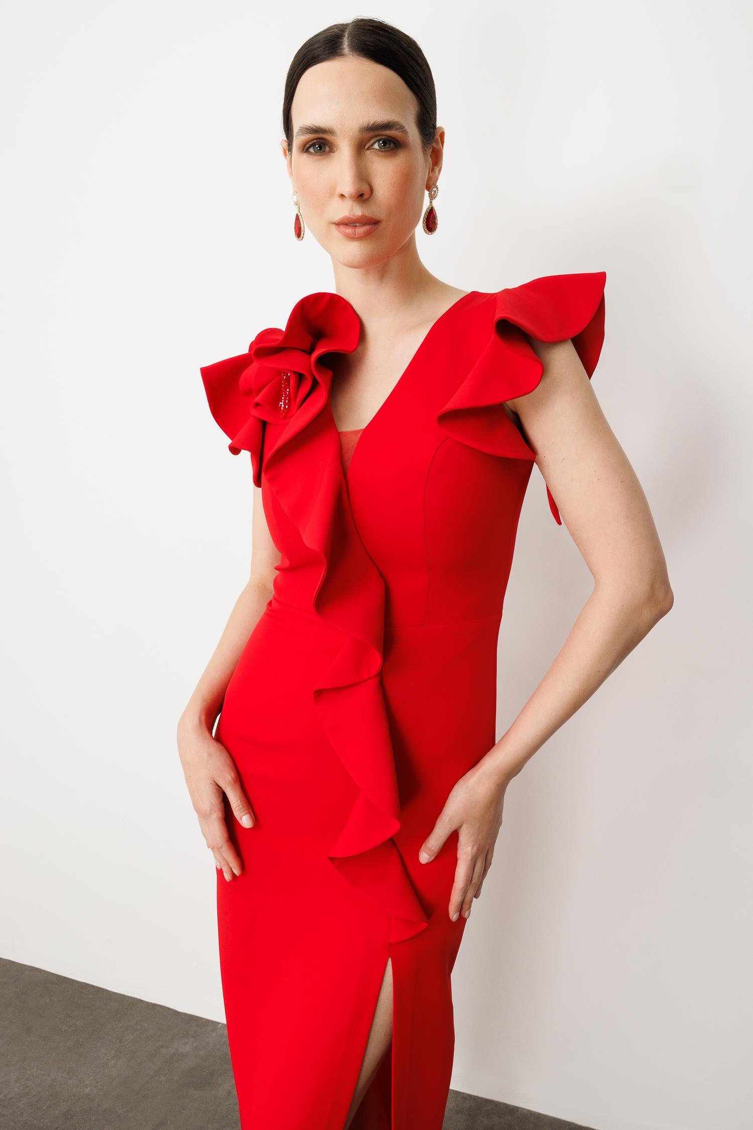 Volanlı Yırtmaçlı Abiye Elbise-KIRMIZI