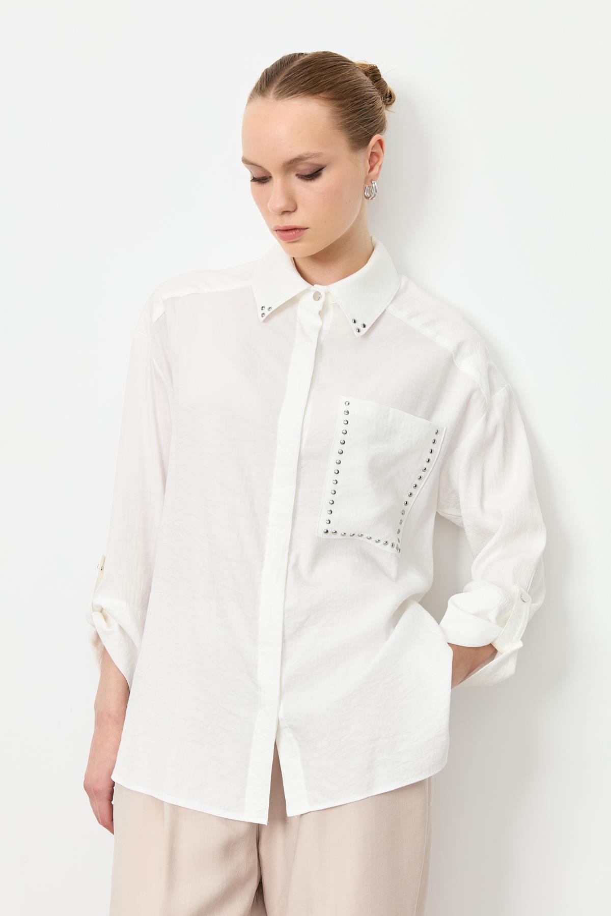 Yaka ve Cep Detaylı Gömlek-EKRU
