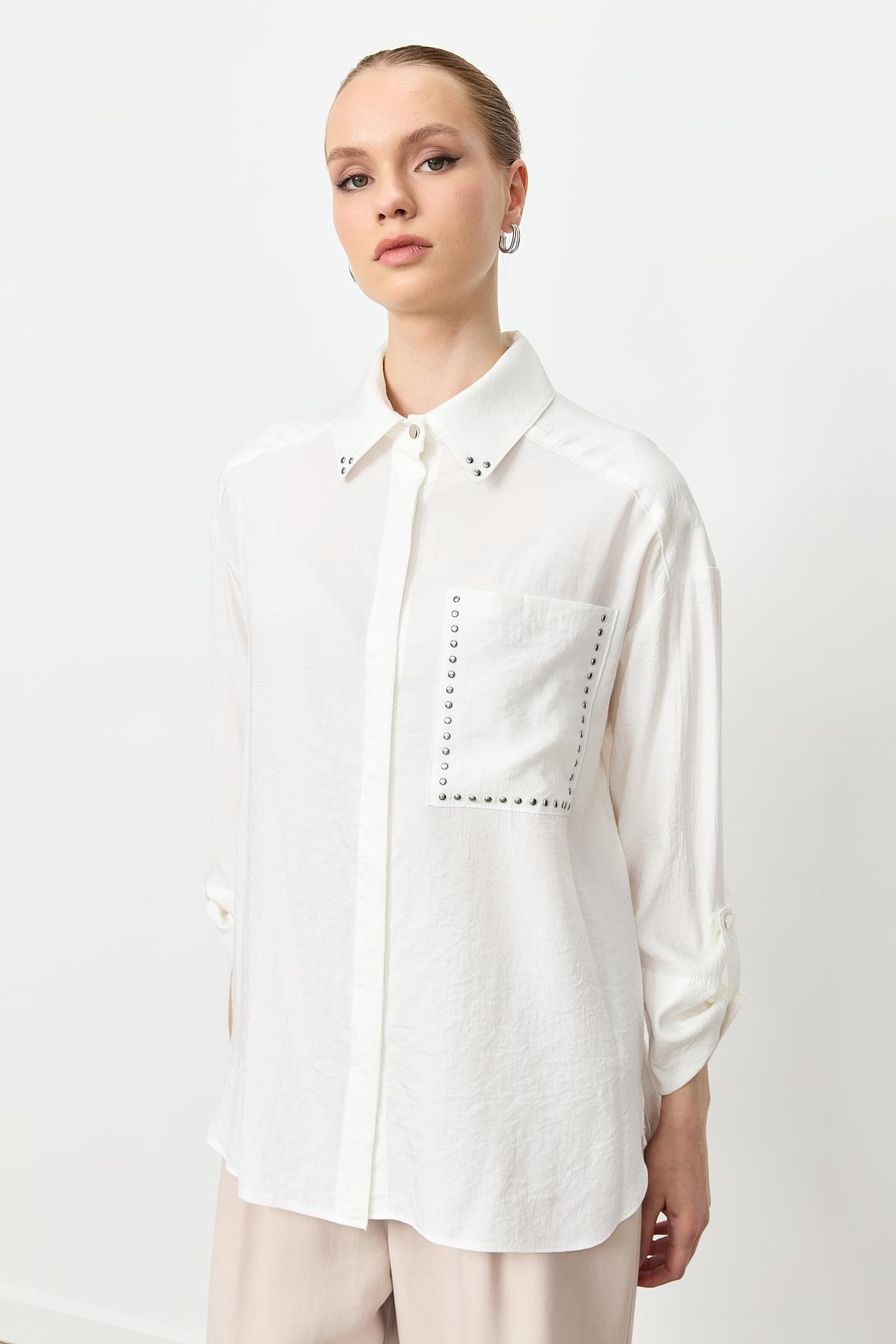 Yaka ve Cep Detaylı Gömlek-EKRU