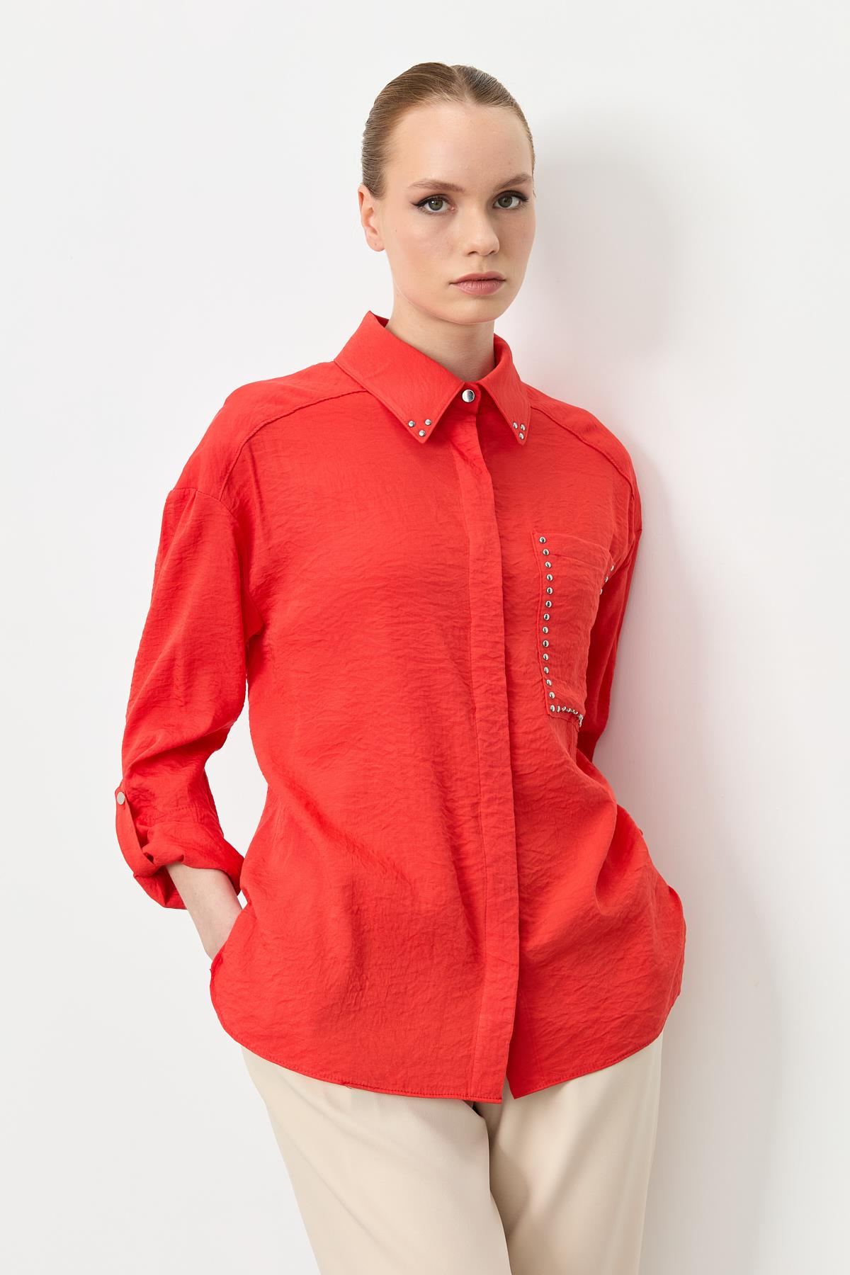 Yaka ve Cep Detaylı Gömlek-ORANJE