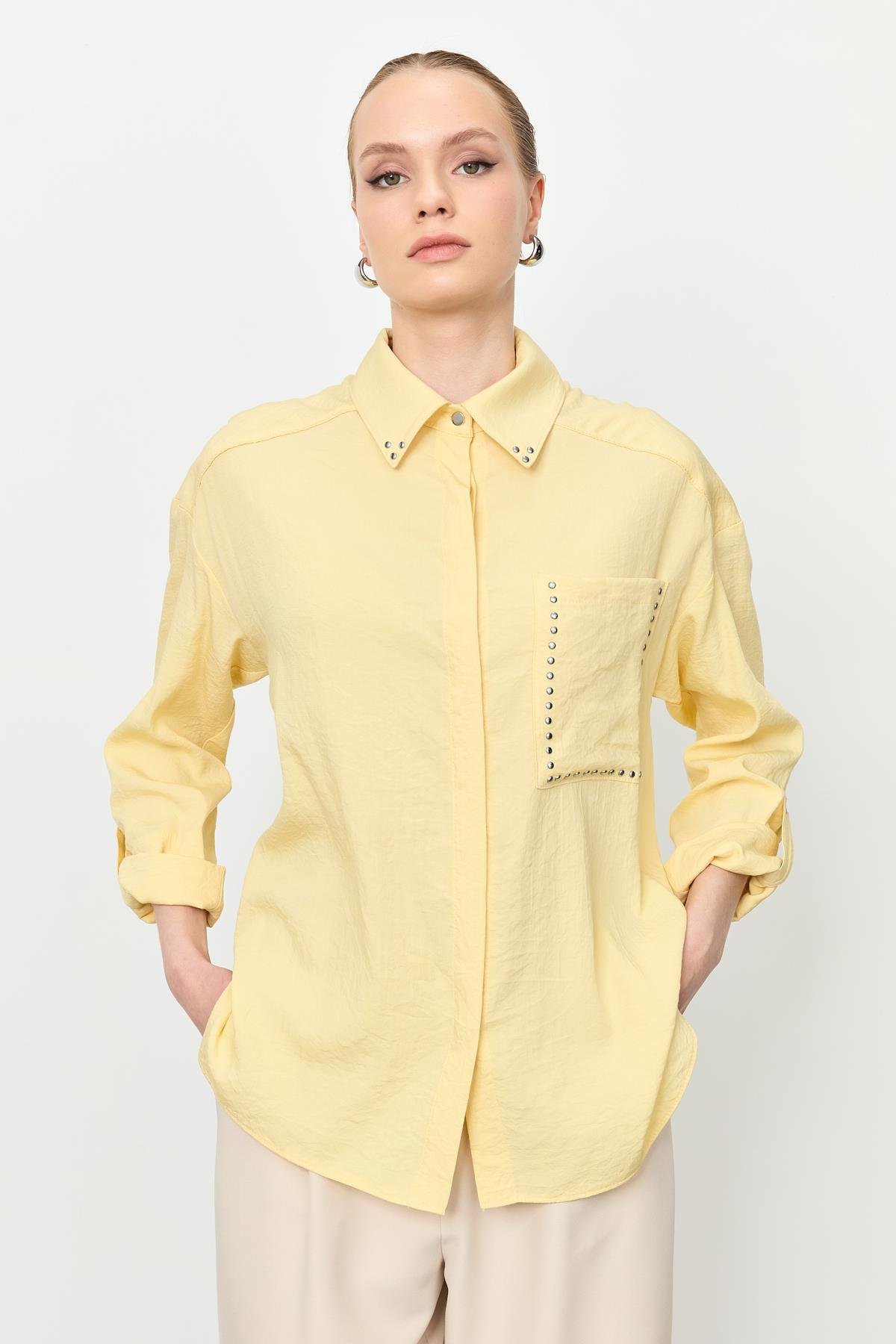 Yaka ve Cep Detaylı Gömlek-SARI