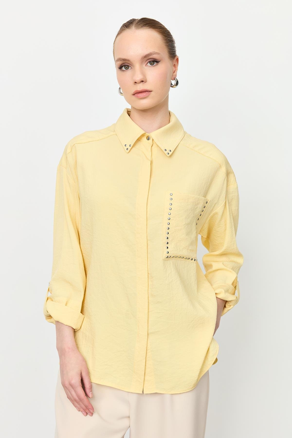 Yaka ve Cep Detaylı Gömlek-SARI