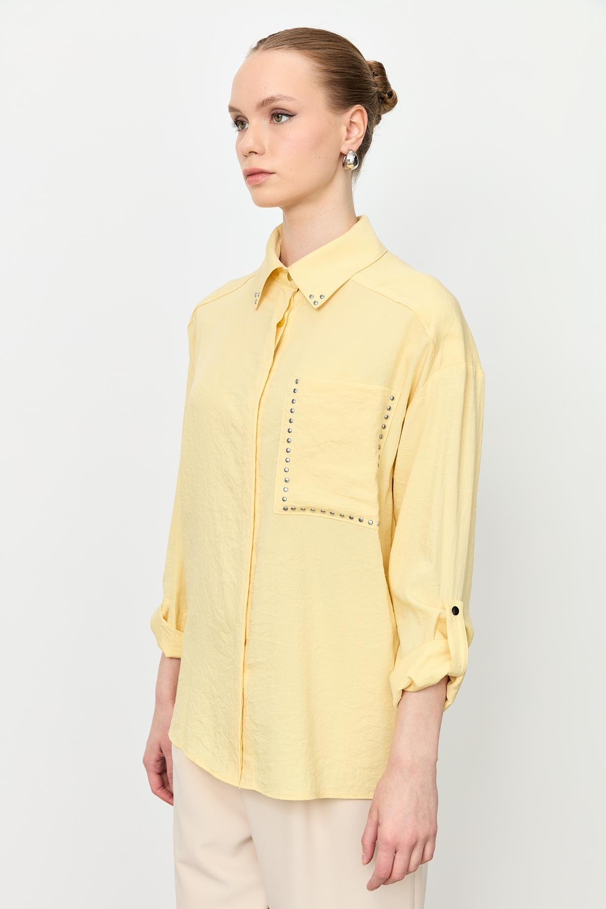 Yaka ve Cep Detaylı Gömlek-SARI