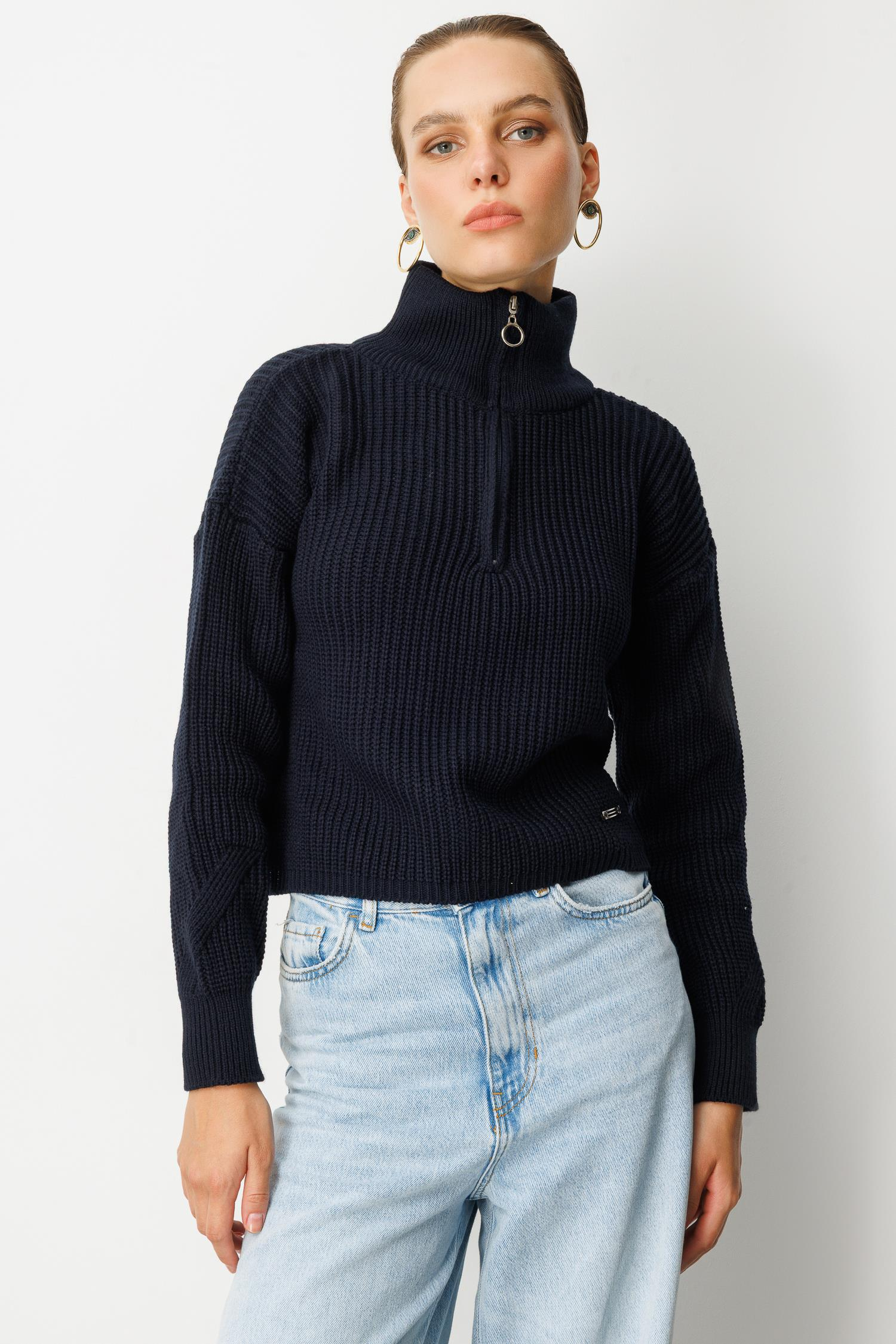 Yakası Fermuarlı Selanik Örgü Triko Kazak-SİYAH