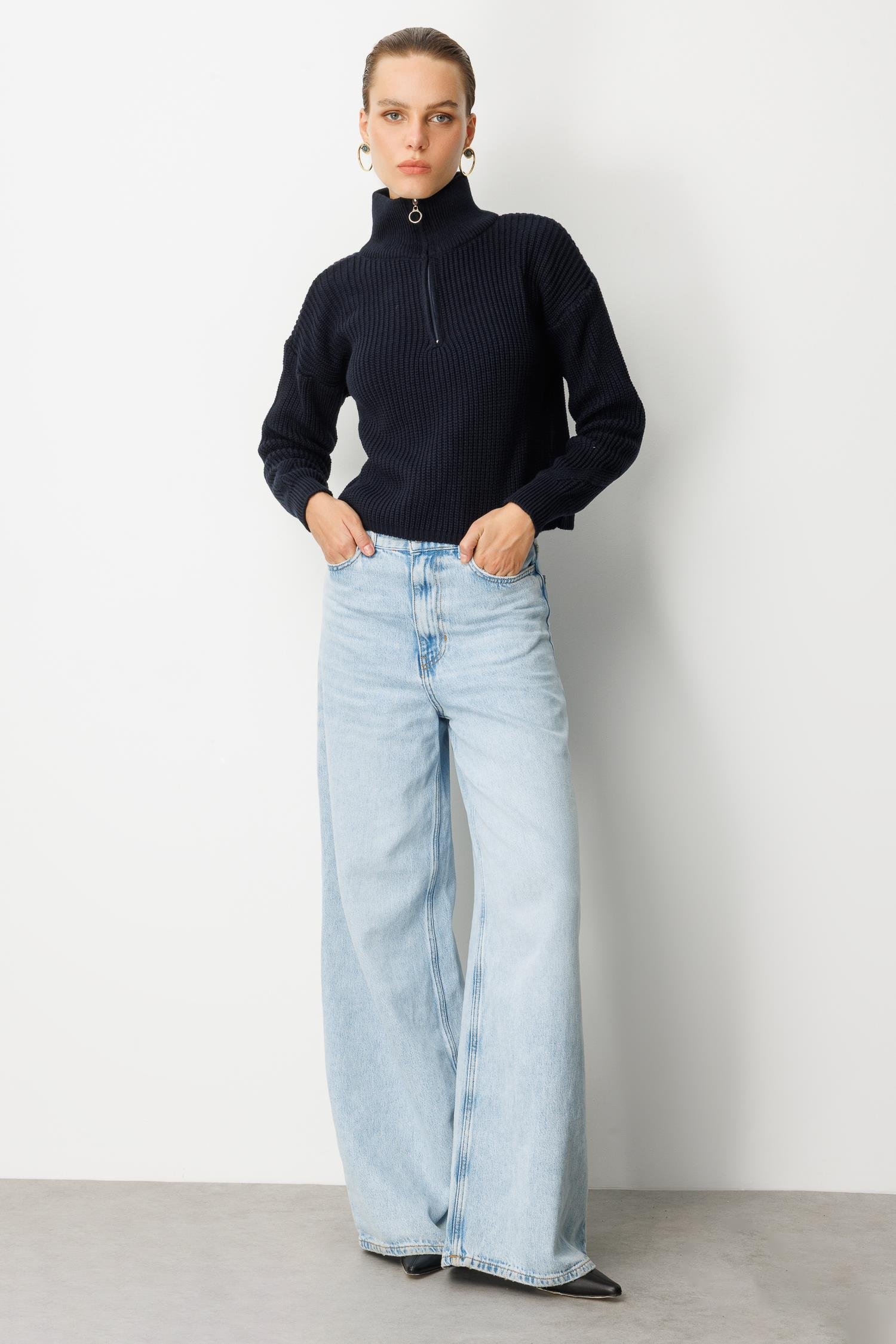 Yakası Fermuarlı Selanik Örgü Triko Kazak-SİYAH