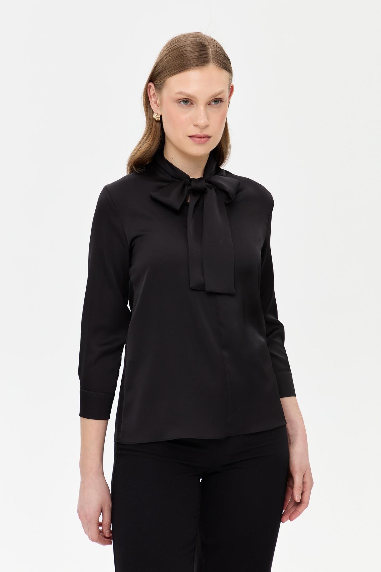 Yakası Fularlı Saten Gömlek - SİYAH