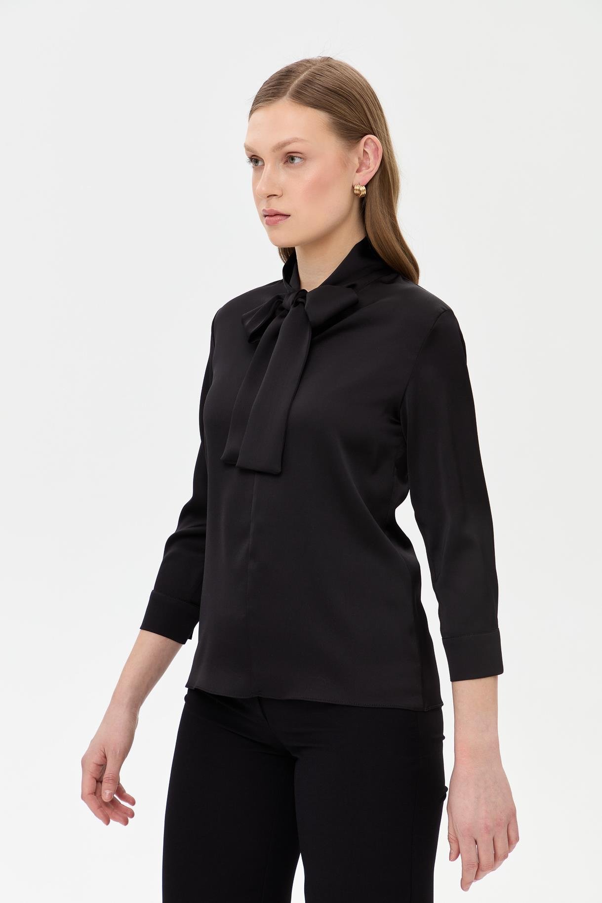 Yakası Fularlı Saten Gömlek - SİYAH