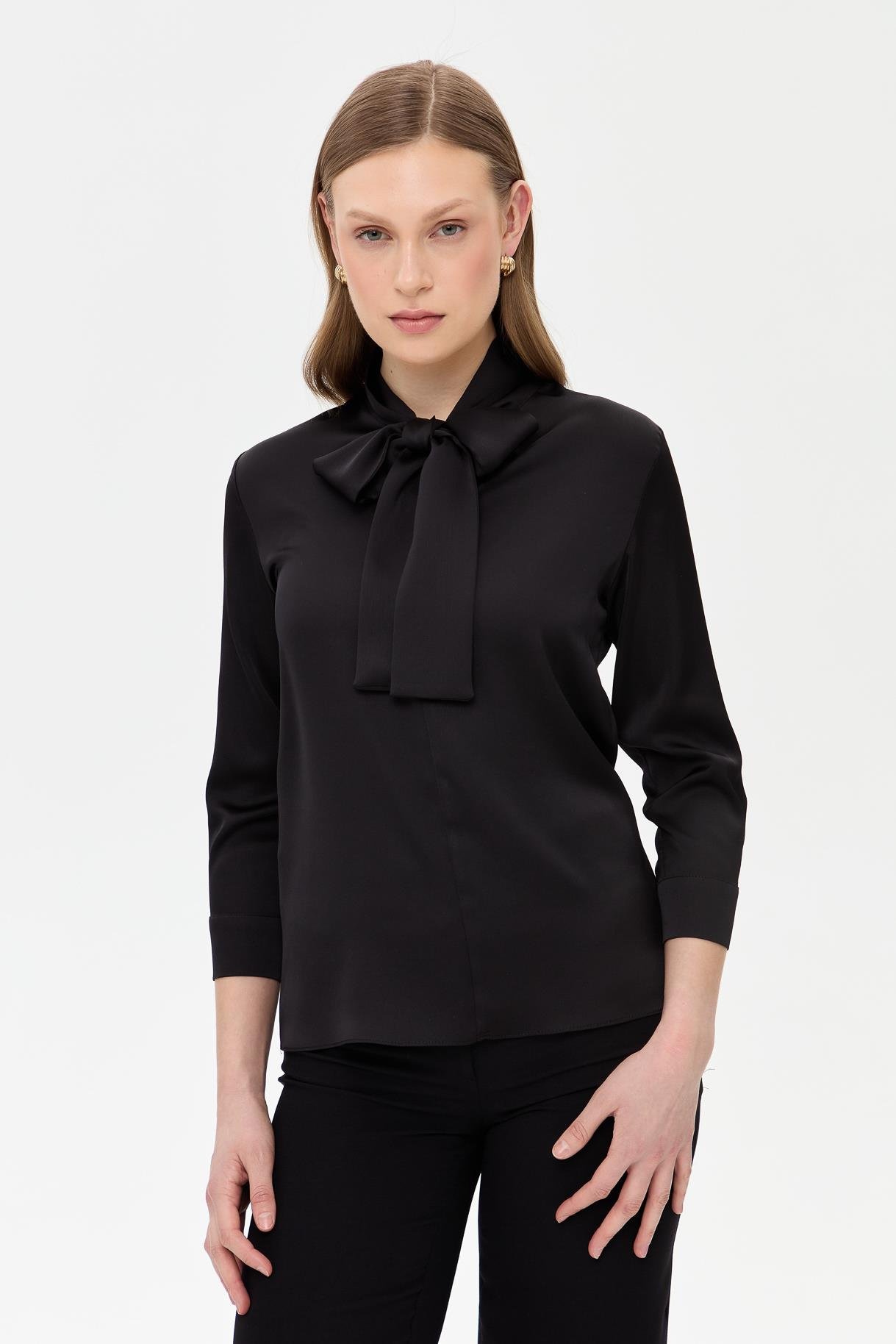 Yakası Fularlı Saten Gömlek - SİYAH