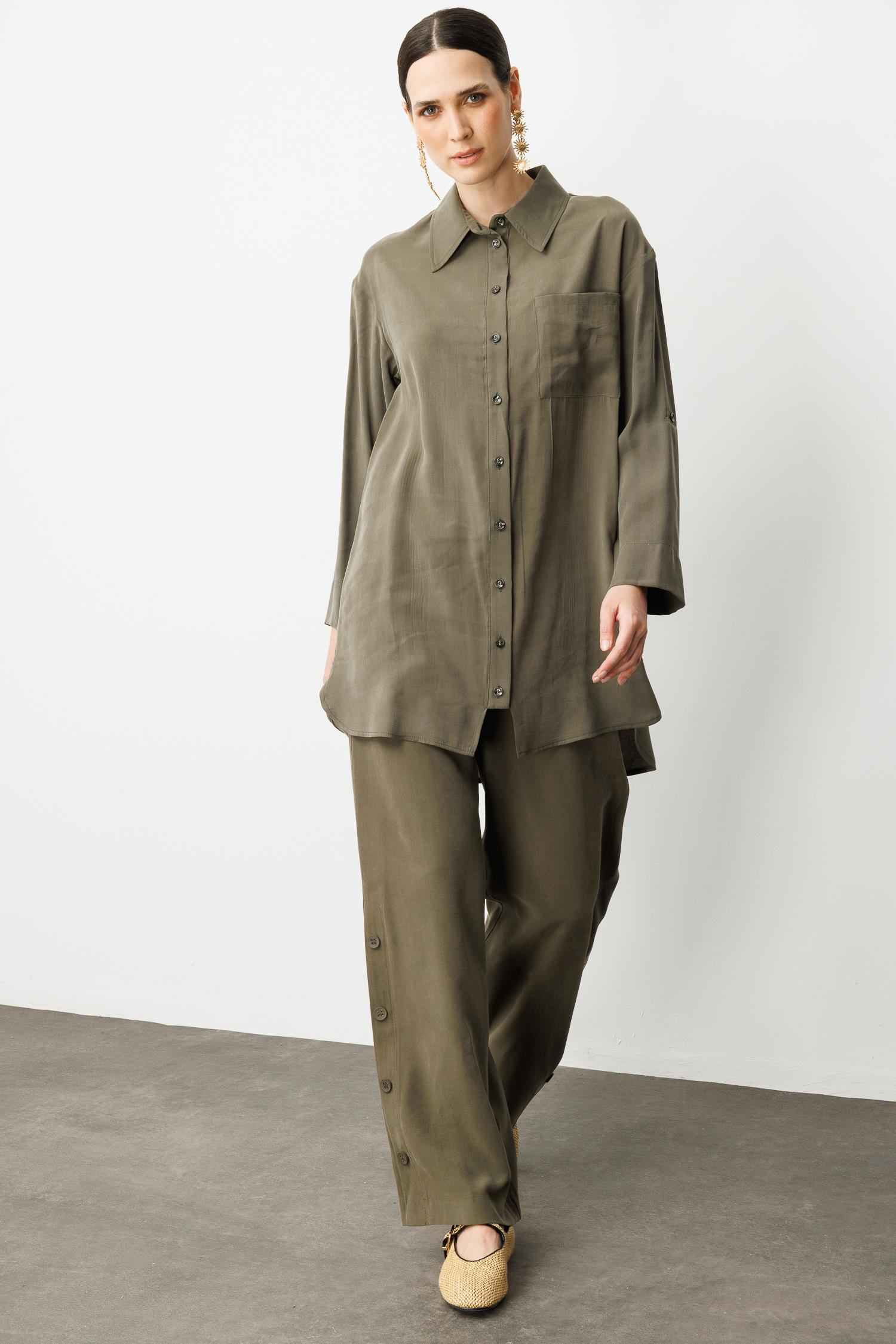 Yan Düğme Detay Tunik Gömlek-HAKİ