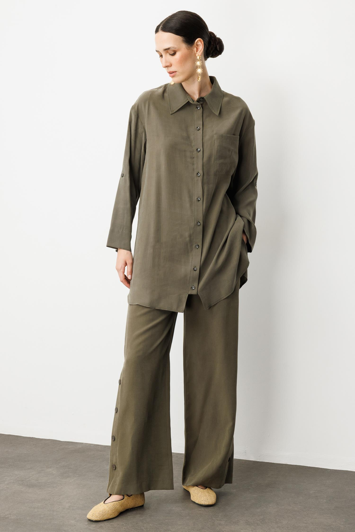 Yan Düğme Detay Tunik Gömlek-HAKİ