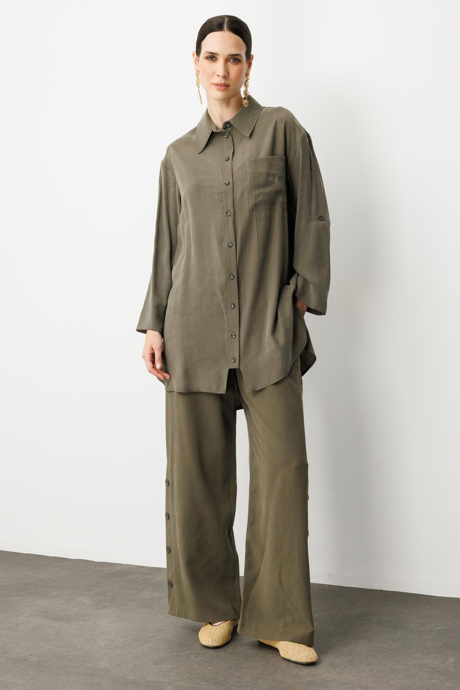 Yan Düğme Detay Tunik Gömlek-HAKİ