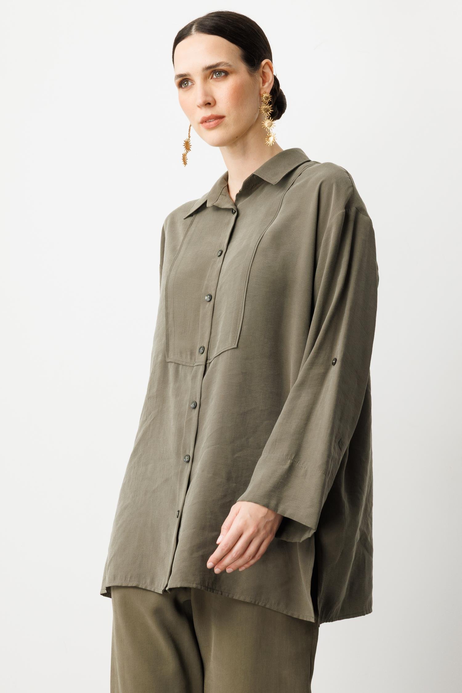 Yan Düğme Detay Tunik Gömlek-HAKİ