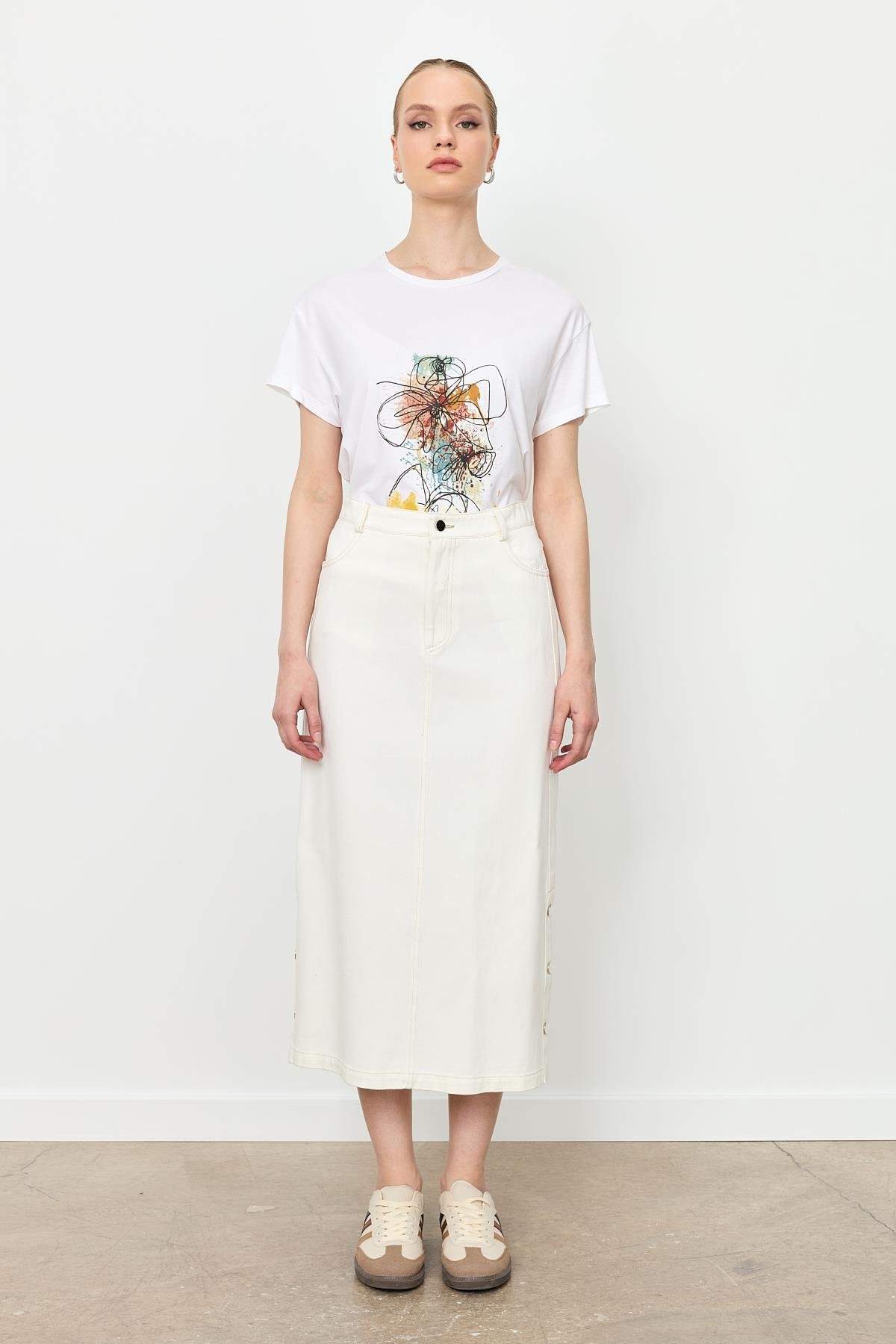 Yanları Çıtçıtlı Kot Etek-KEMIK