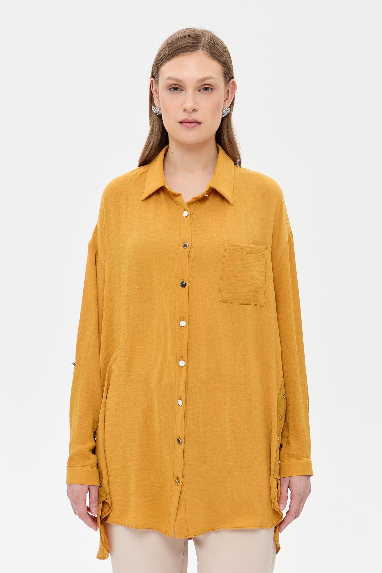 Yanları Zımba Detaylı Gömlek - HARDAL