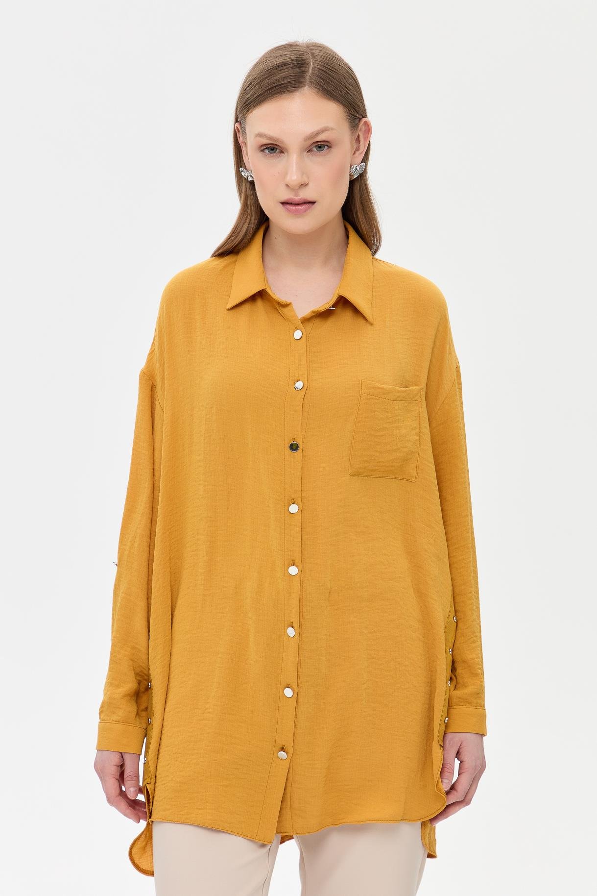 Yanları Zımba Detaylı Gömlek - HARDAL
