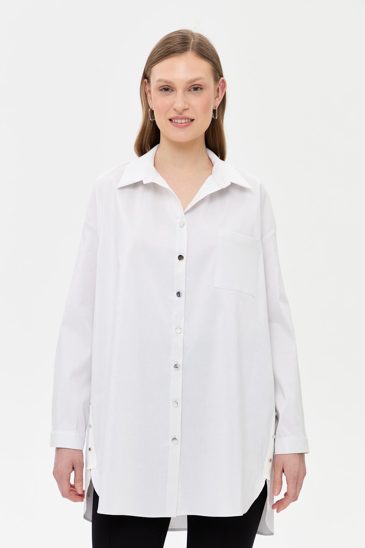 Yanları Zımba Detaylı Simli Gömlek - BEYAZ
